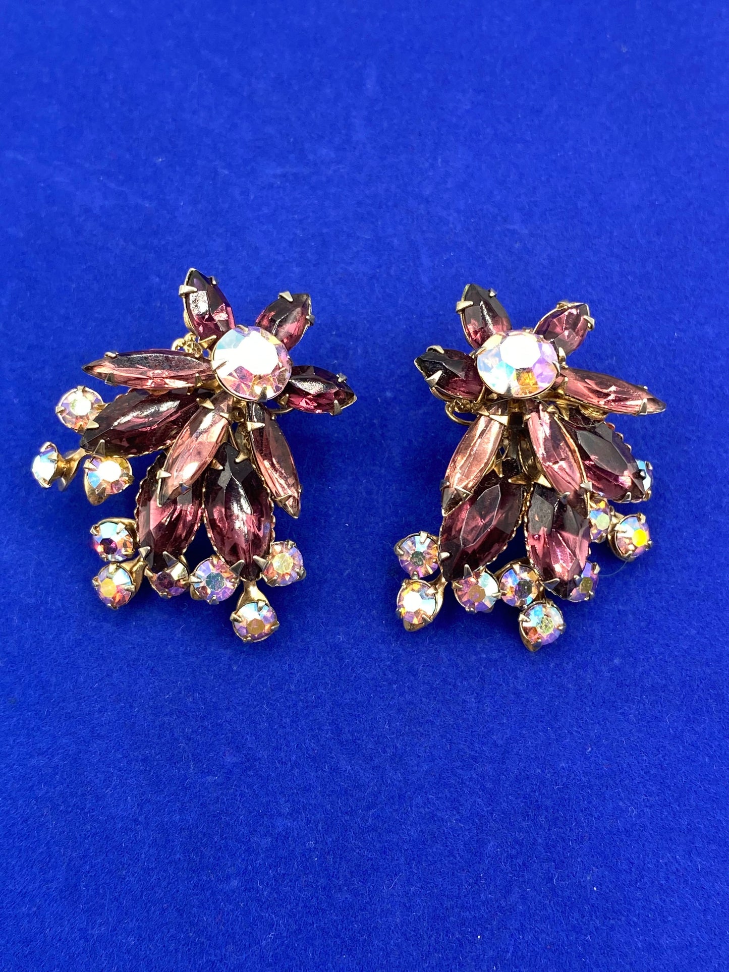 Purple & AB Rhinestone Brooch & Clip On Earring Set