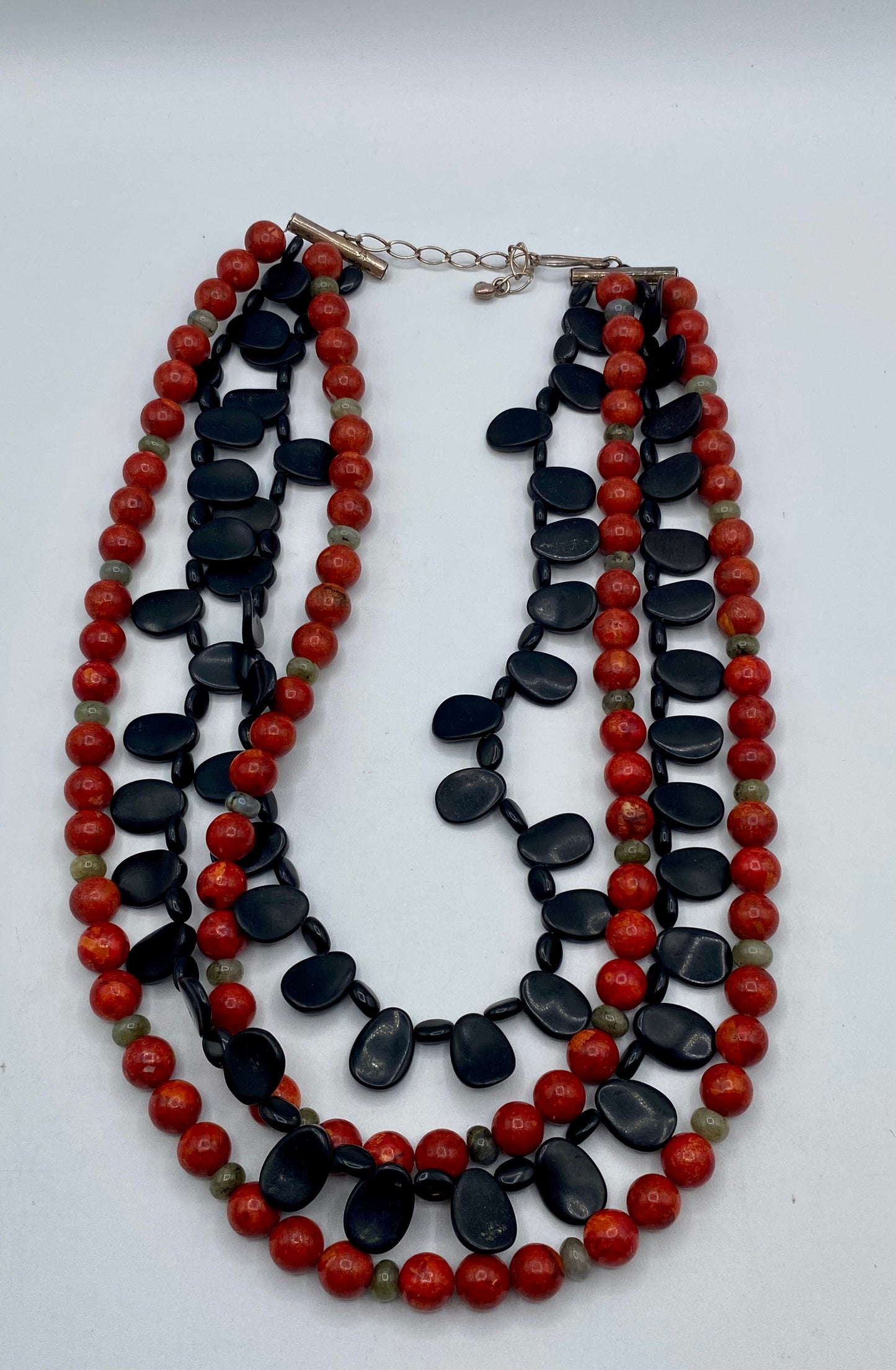Jay King Necklace 4 Strand Coral Black Obsidian Bead Sterling Necklace