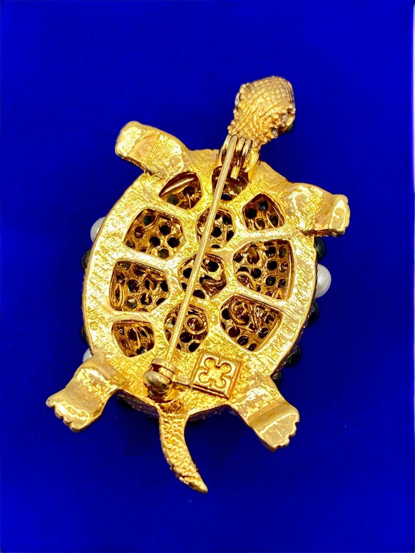 Gold Tone Glass & Pearl Turtle Brooch