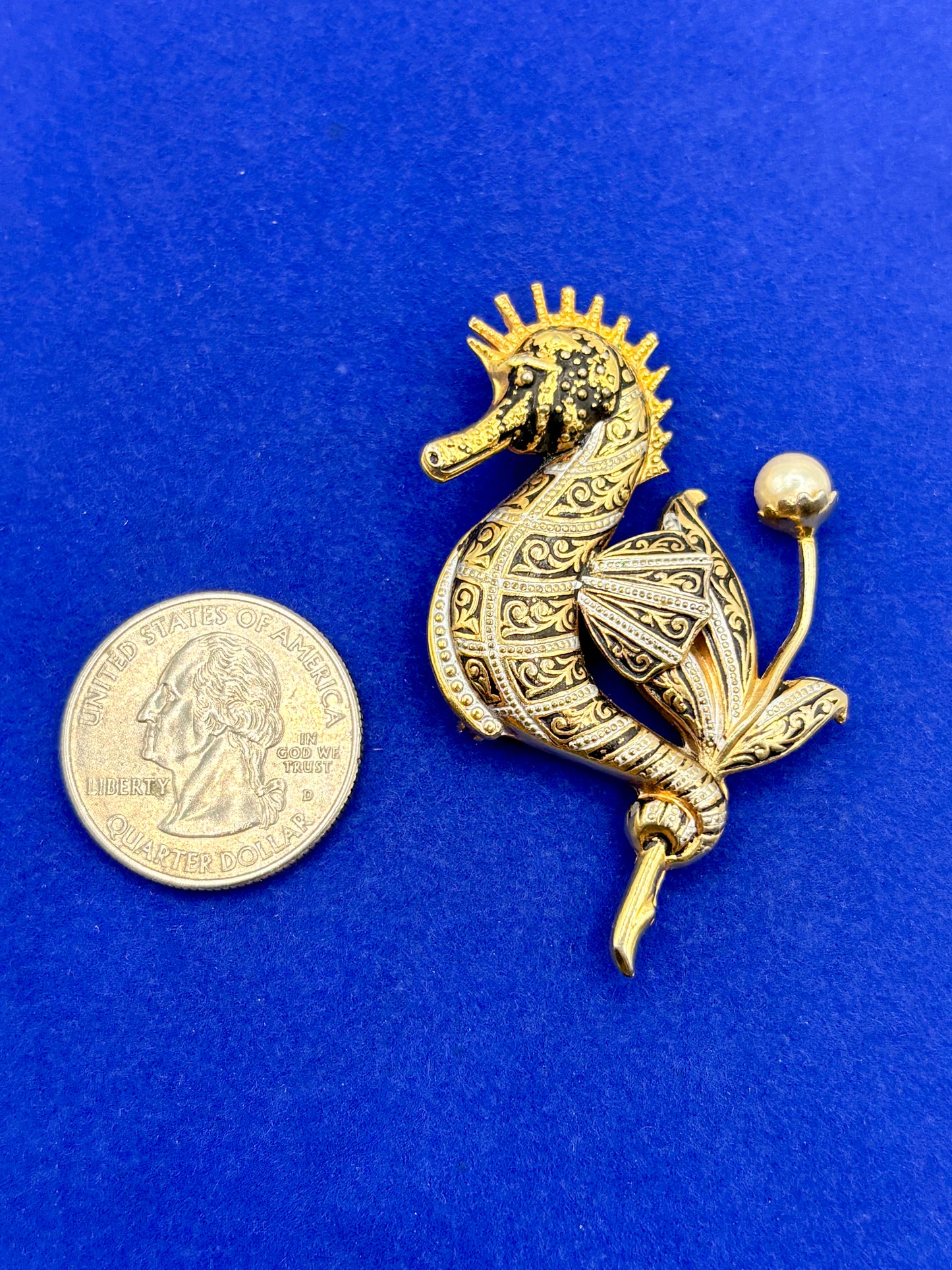 Vintage Damascene & Faux Pearl Seahorse Brooch