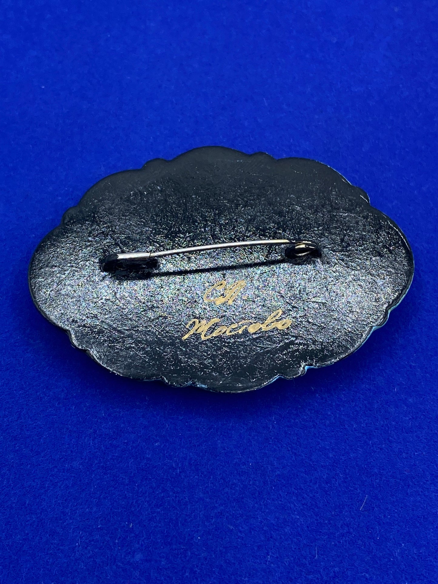 Vintage Hand Painted Signed Russian Lacquered Floral Brooch