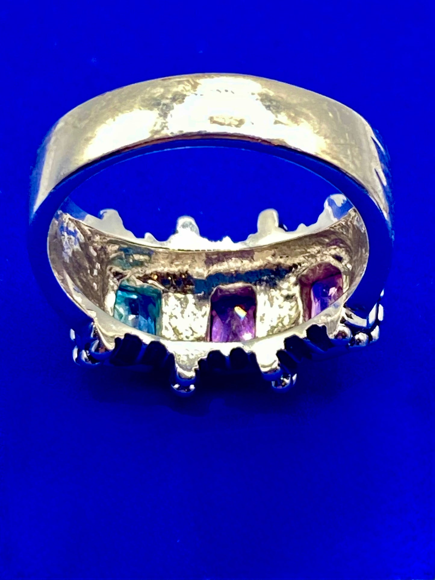 Silver Tone Pink Purple & Blue Crystal Ring