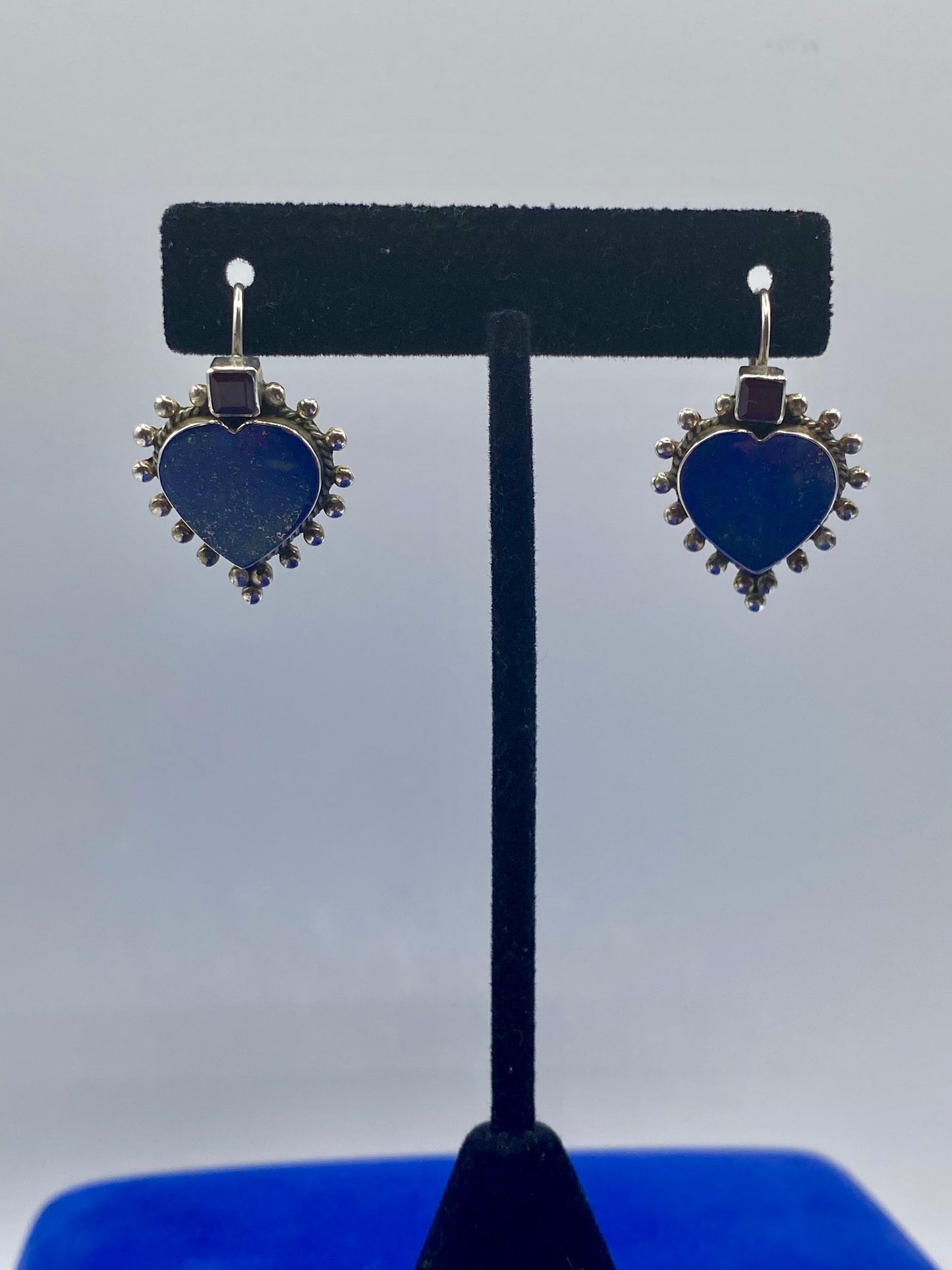 Vintage Sterling Silver Lapis Lazuli & Garnet Heart Shaped Drop Dangle Earrings