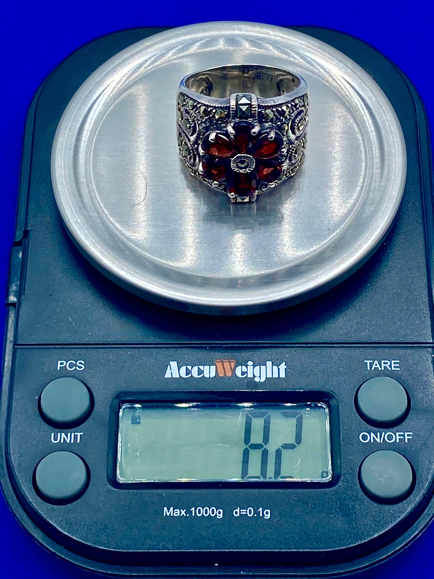 Sterling Silver Marcasite & Garnet CFJ Ring