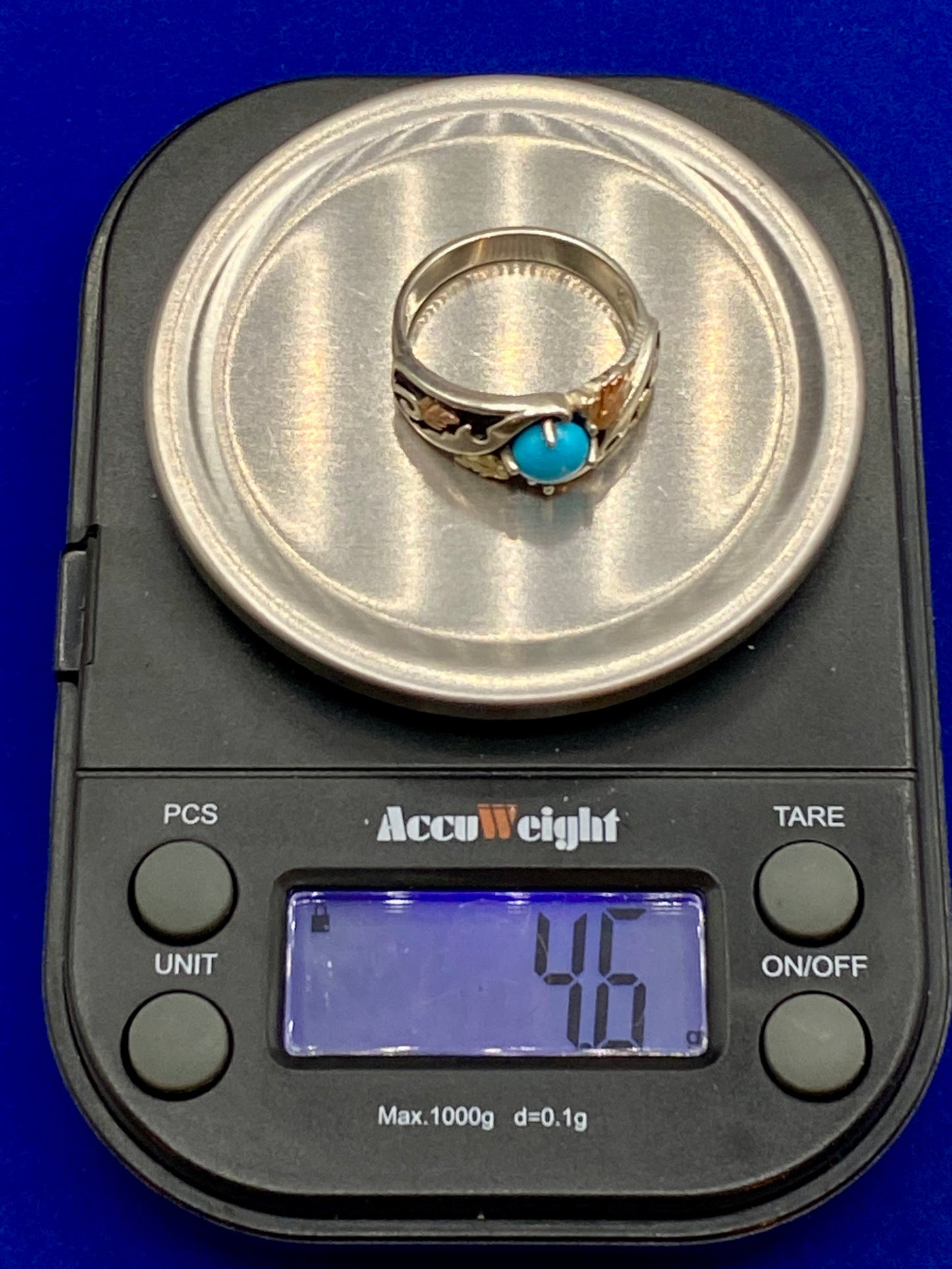 Vintage Sterling Silver Turquoise & Black Hills 12k Gold Ring