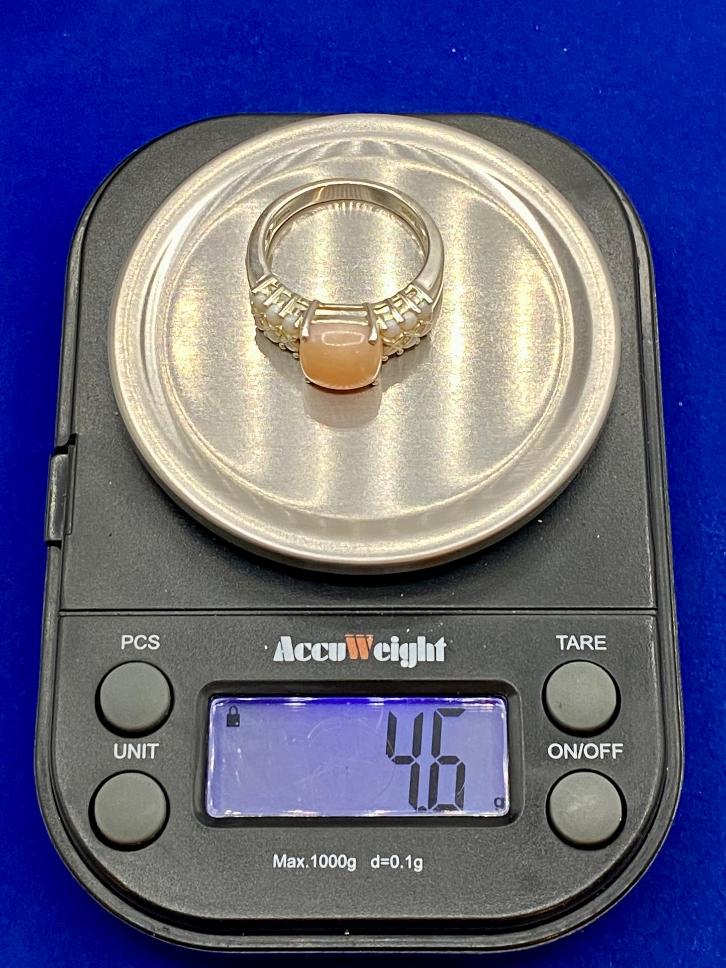Sterling Silver Rhodium Flashed Square Cabochon Beige Stone Opal Accents Ring