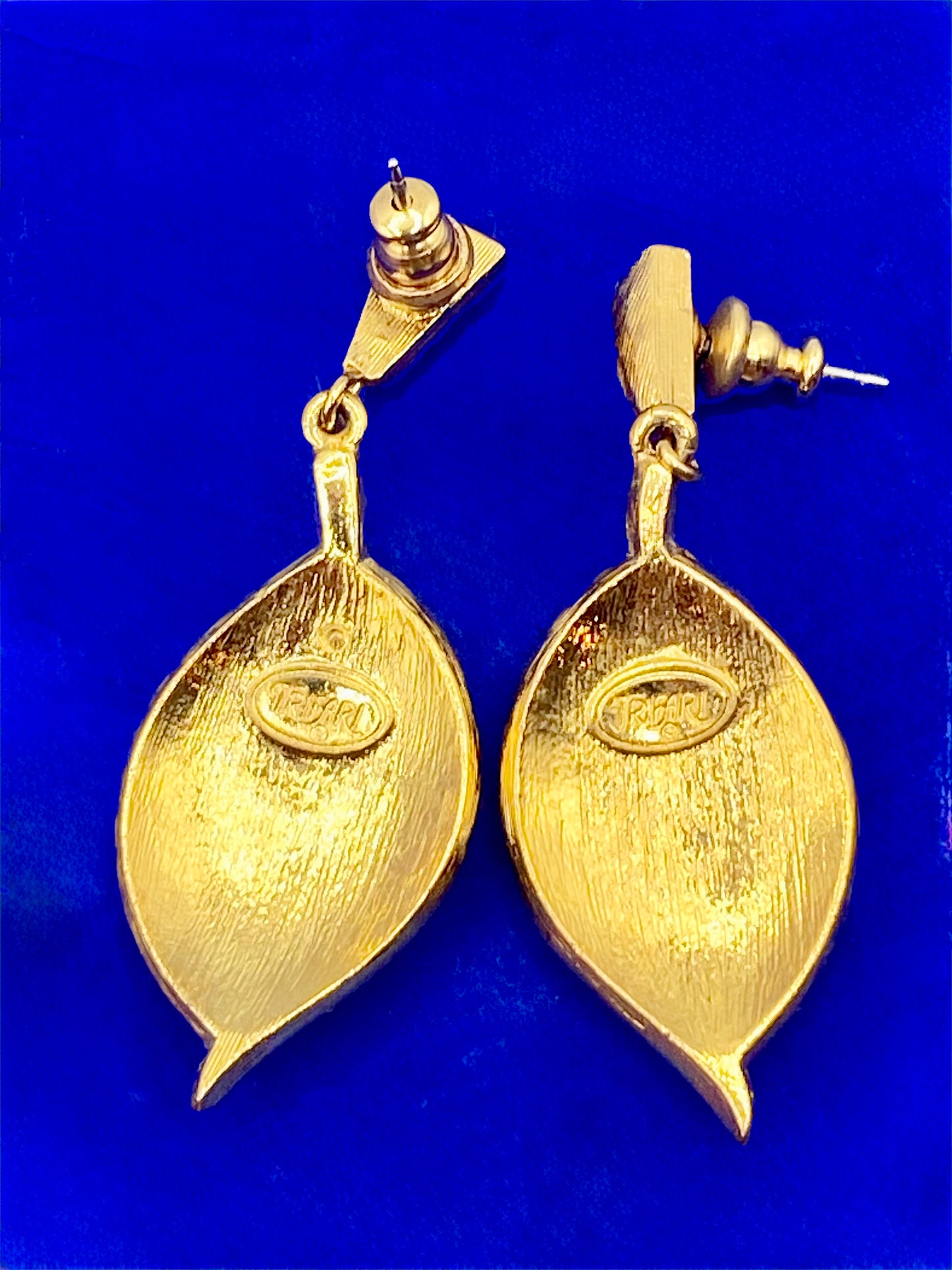 Vintage Gold Tone Trifari Green Enameled Earrings
