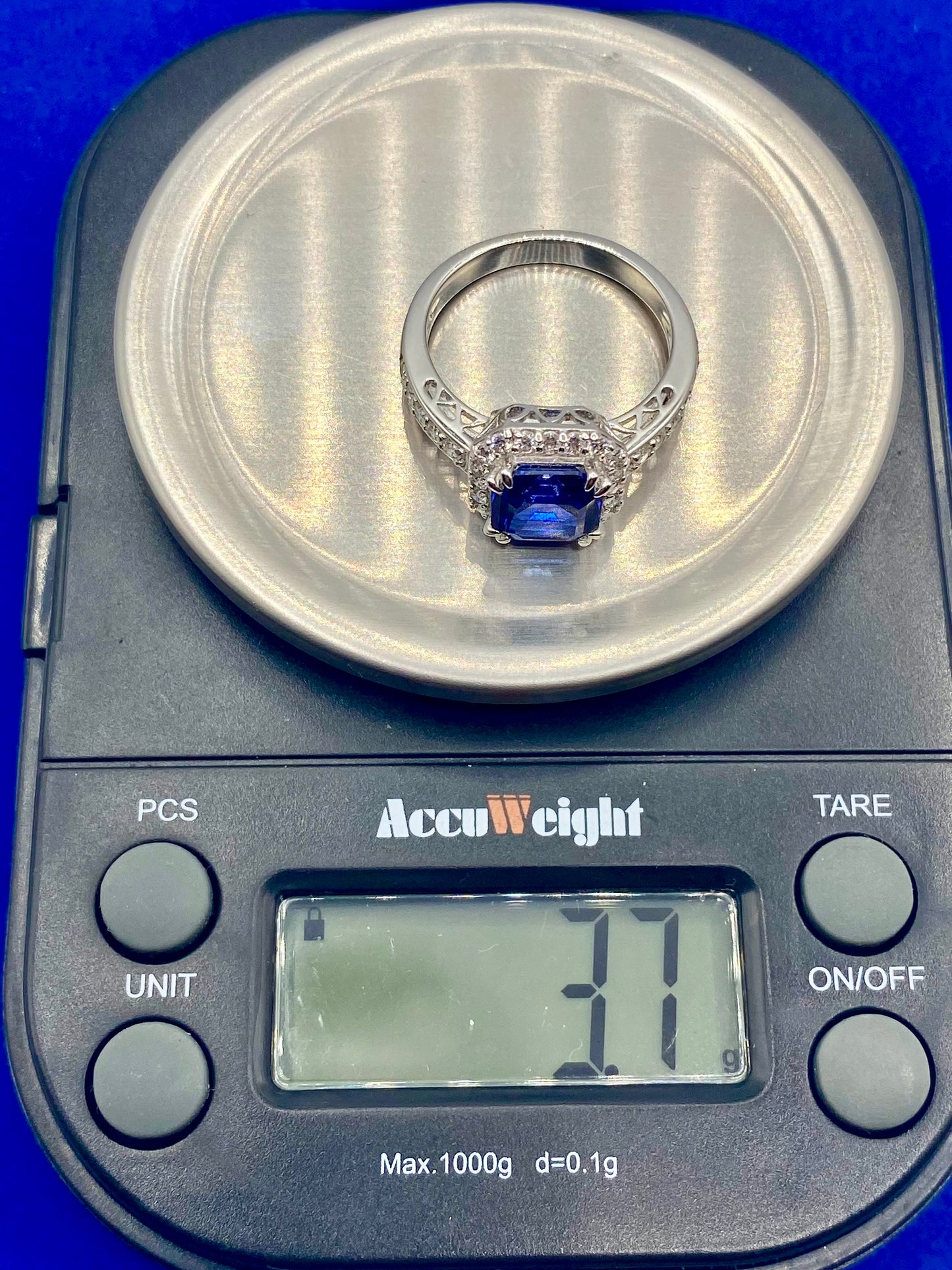 Sterling Silver Dark Blue Square Sapphire & CZ Ring