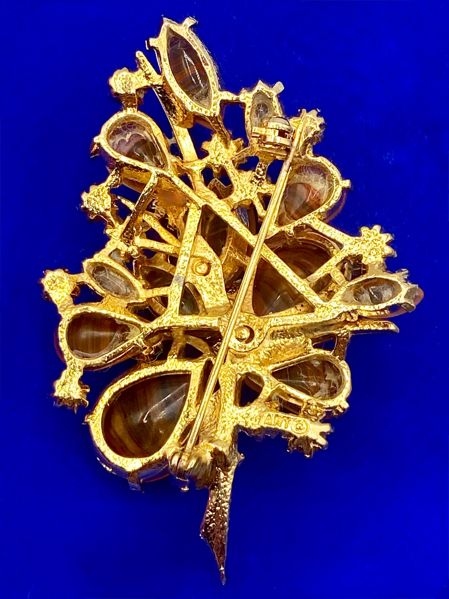 Vintage ART Orange/Brown Glass Rhinestone Brooch