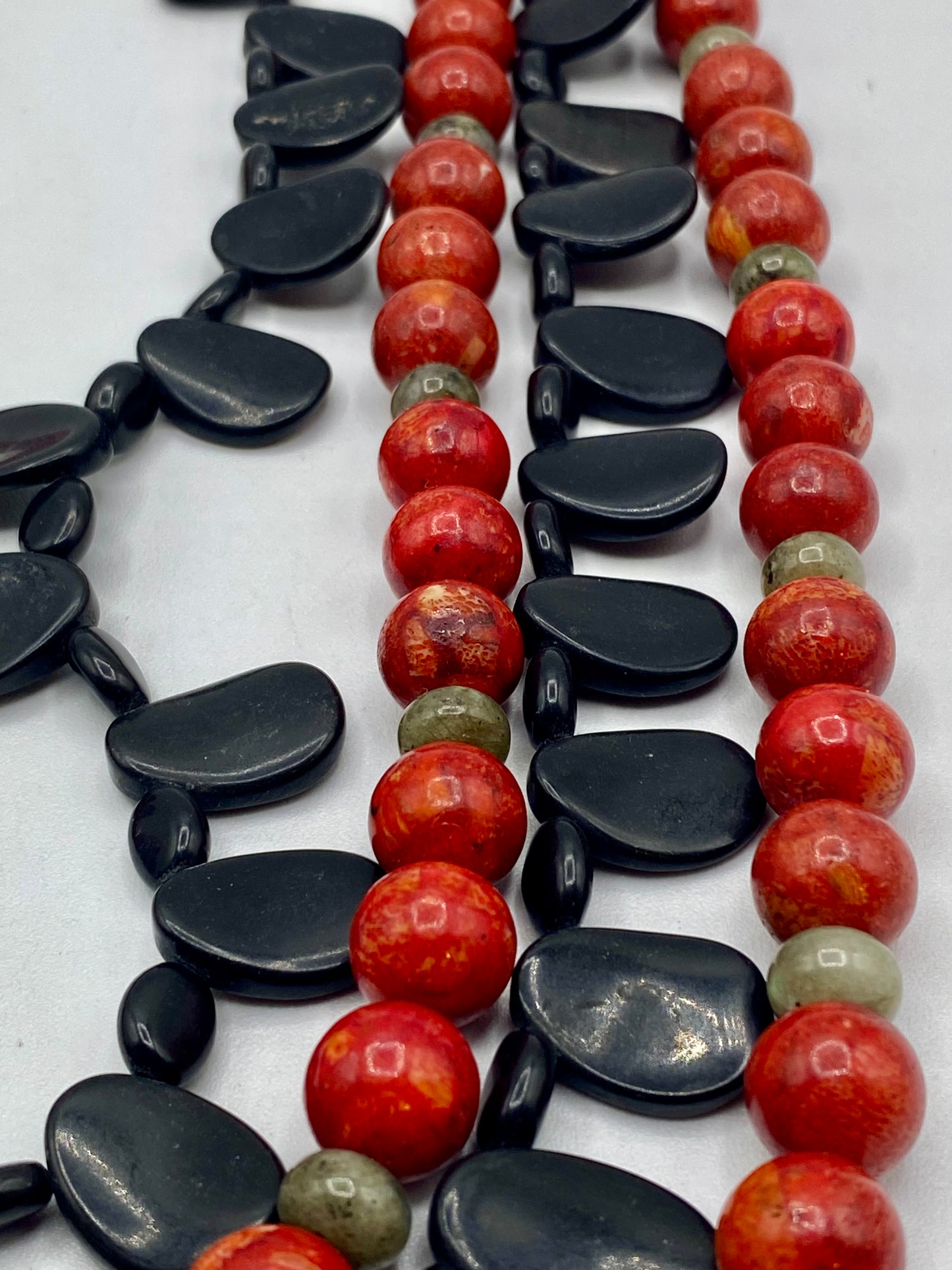 Jay King Necklace 4 Strand Coral Black Obsidian Bead Sterling Necklace
