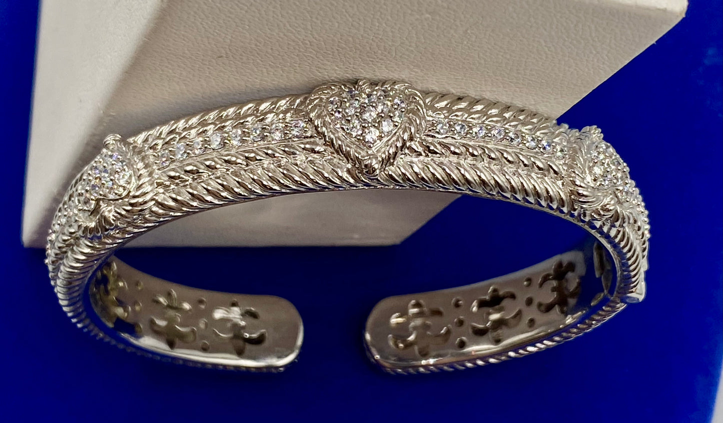 Judith Ripka Sterling Silver Hinged Cuff CZ Heart Bracelet