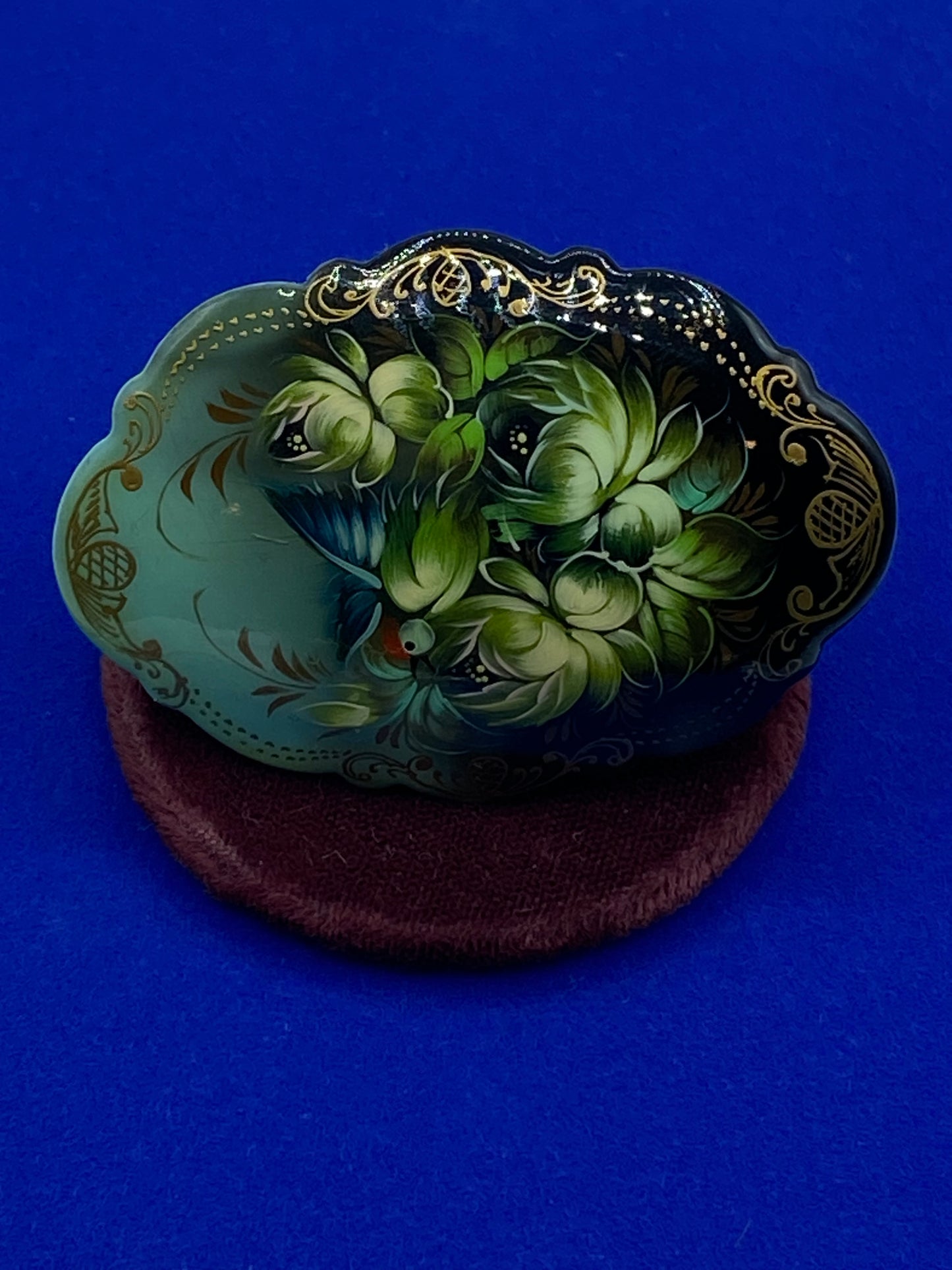 Vintage Hand Painted Signed Russian Lacquered Floral Brooch