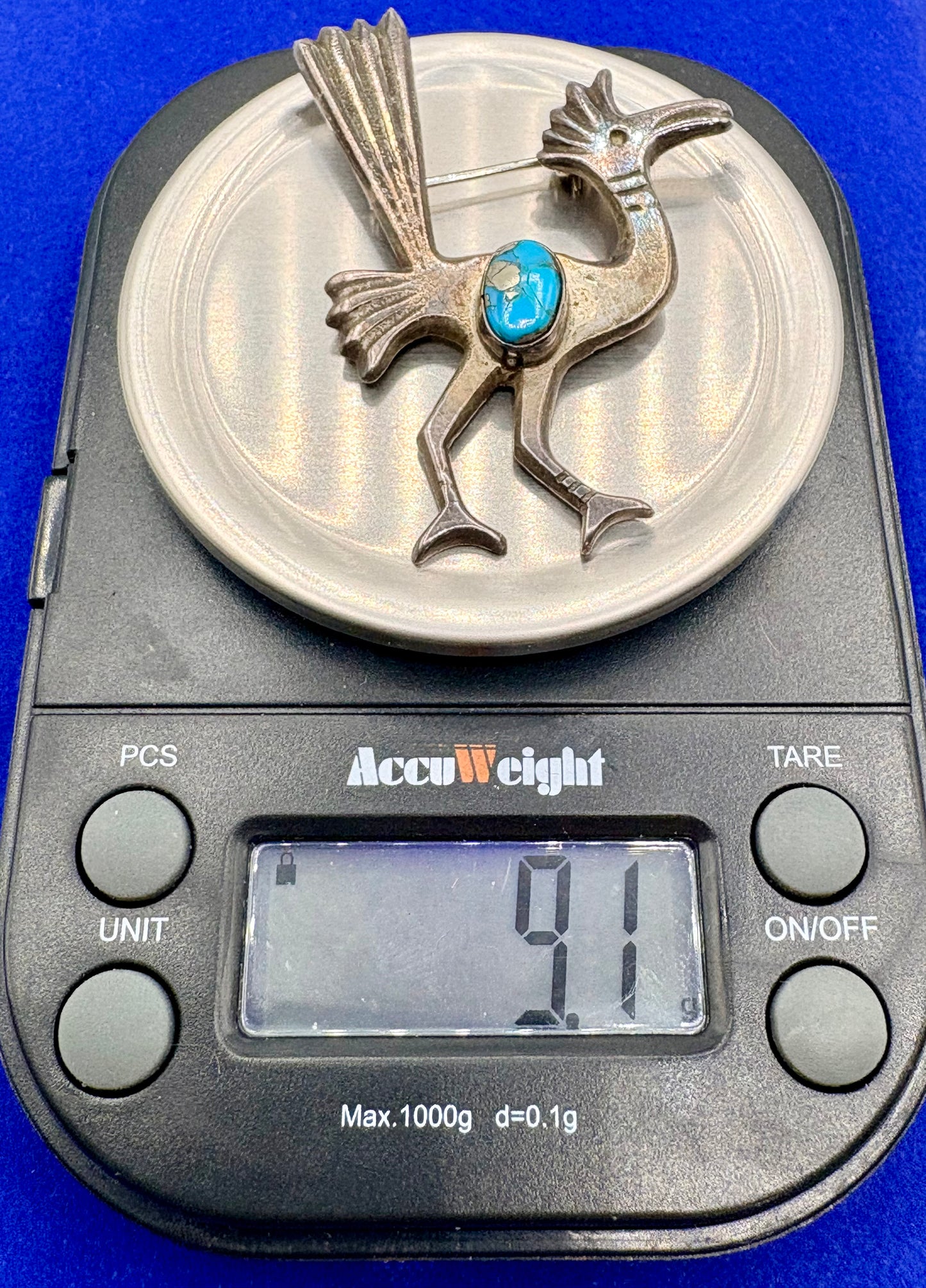 Vintage Sterling Silver Native Turquoise Roadrunner Brooch