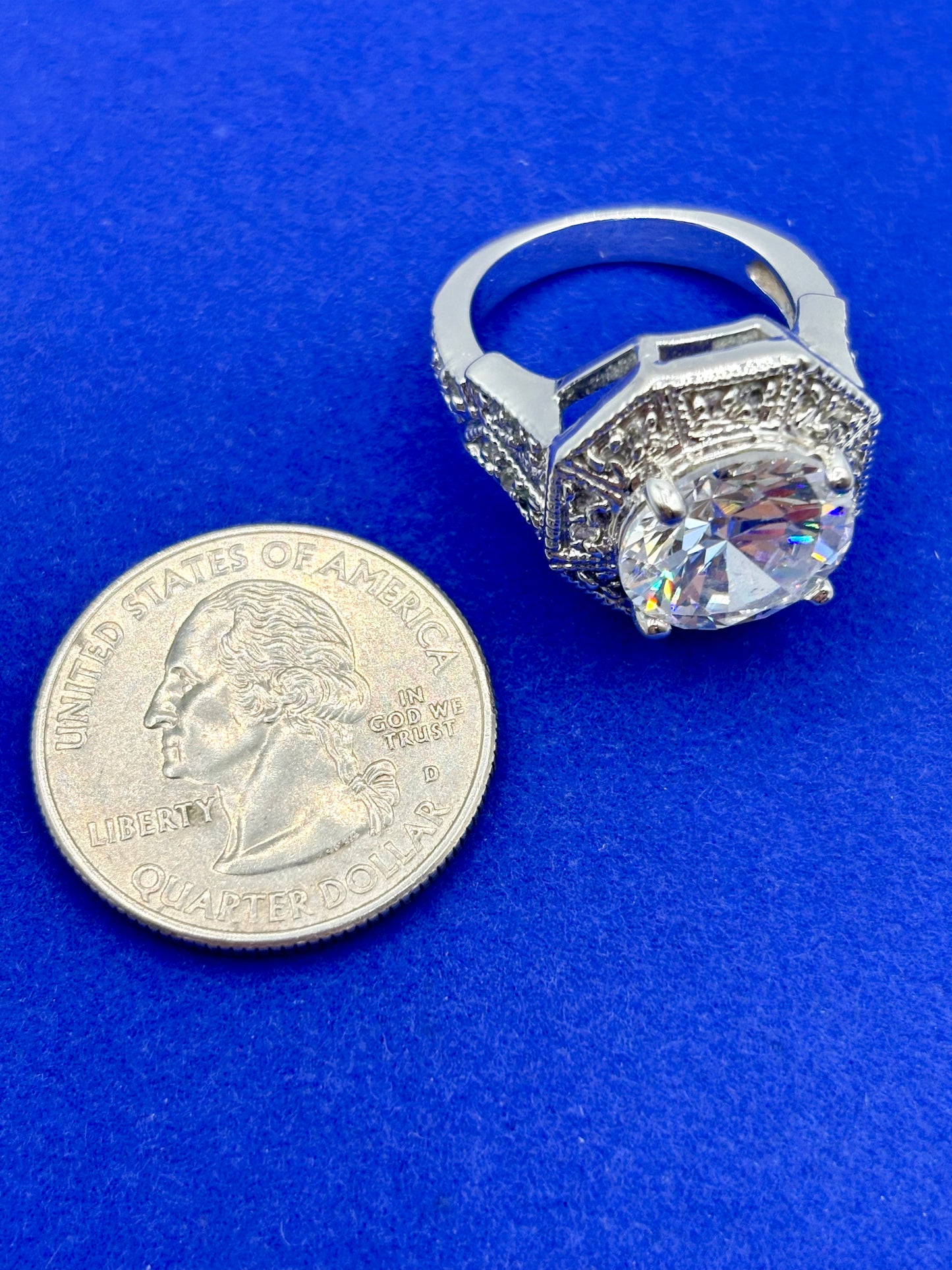 Silver Tone & Clear Rhinestone Statement Ring