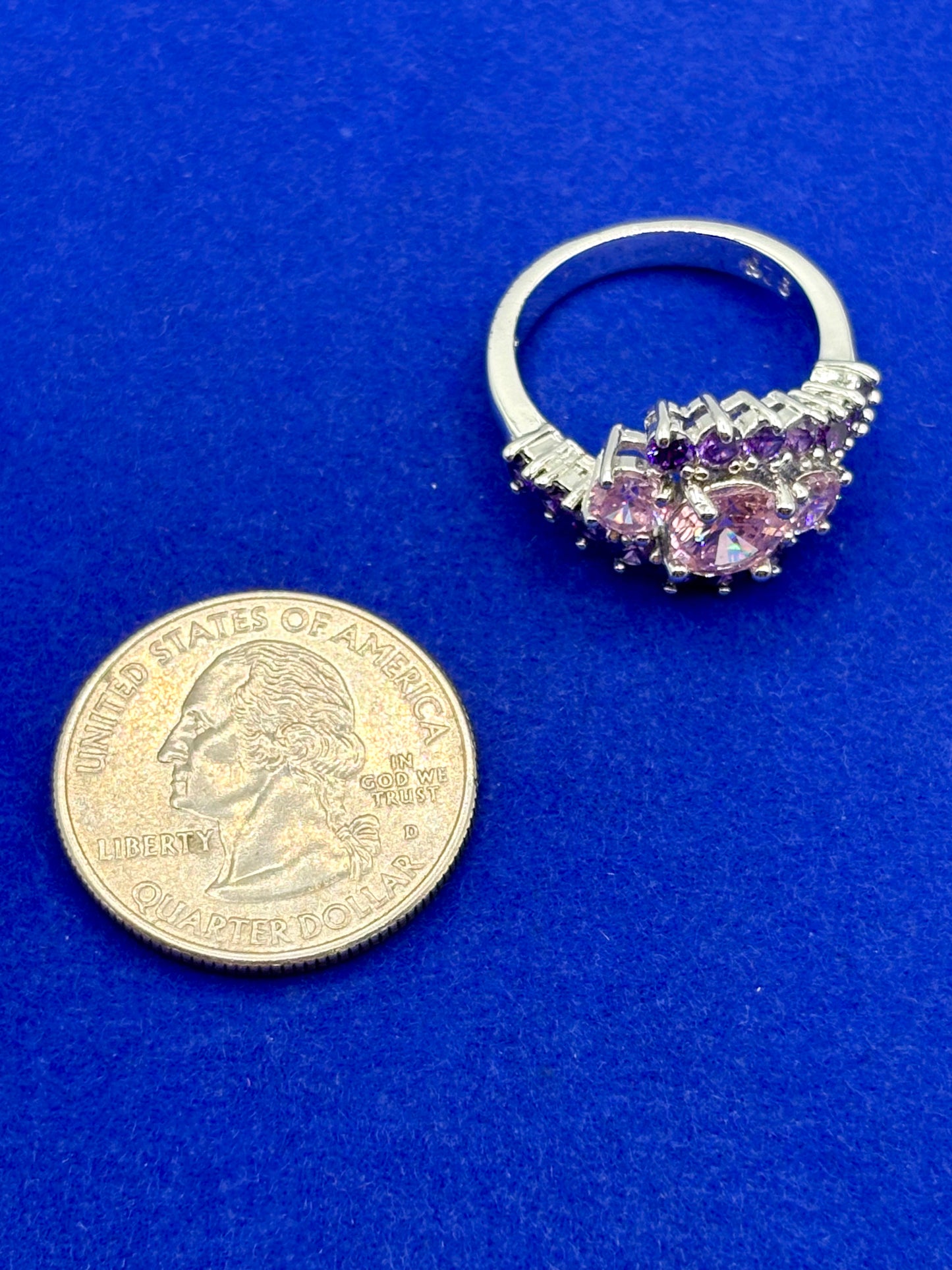 Pink & Purple Glass Silver Tone Costume Ring