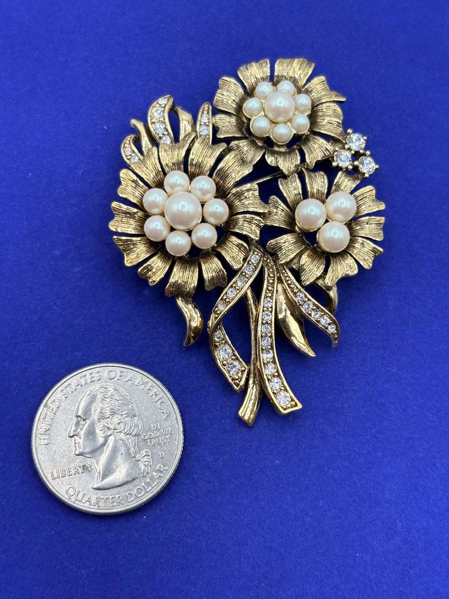 Vintage Monet Floral Pearl & Rhinestone Brooch