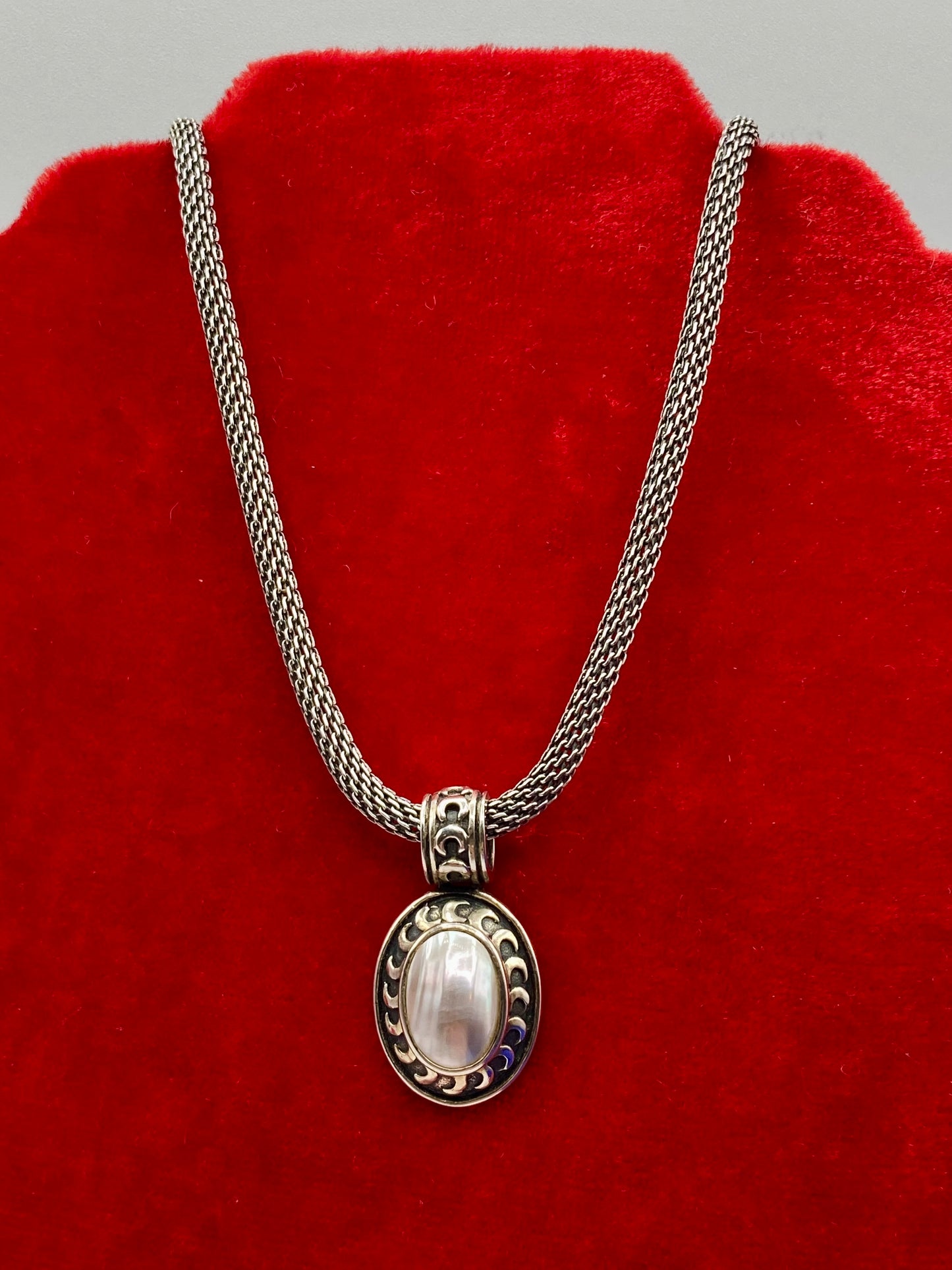 Sterling Silver Mother of Pearl Carved Moons Bezel Necklace