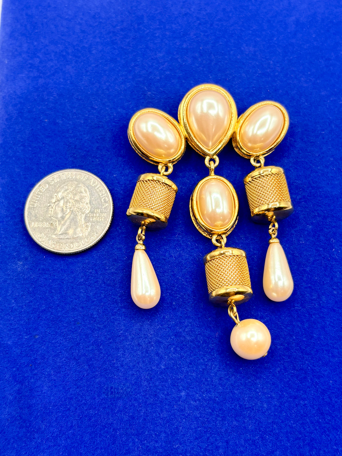 Vintage Monet Gold Tone Faux Pearl Dangle Brooch