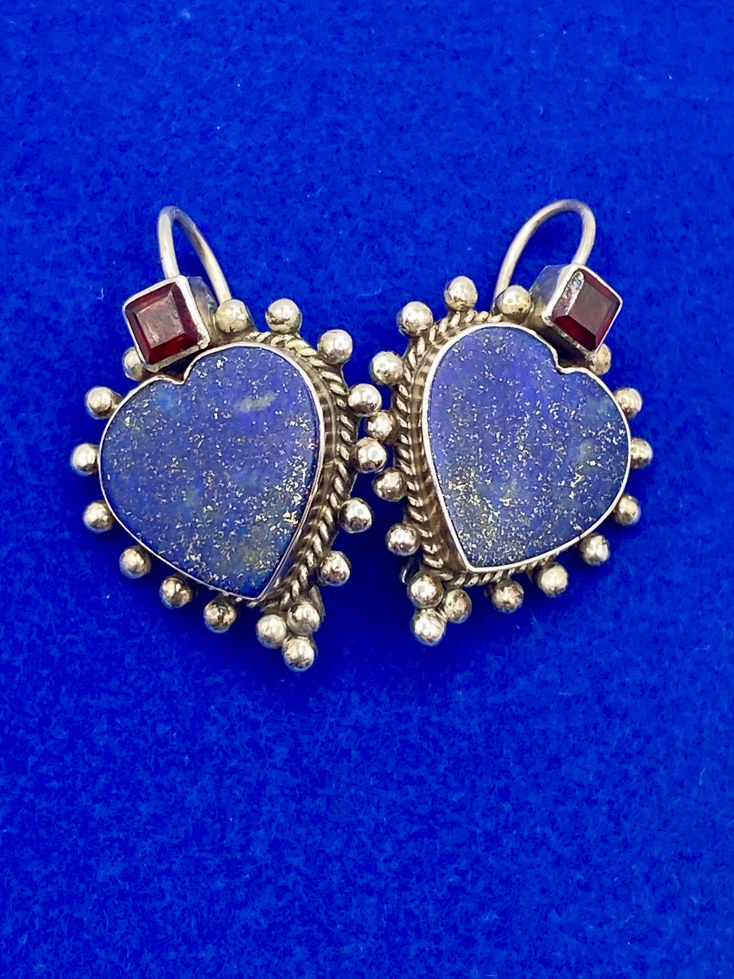 Vintage Sterling Silver Lapis Lazuli & Garnet Heart Shaped Drop Dangle Earrings