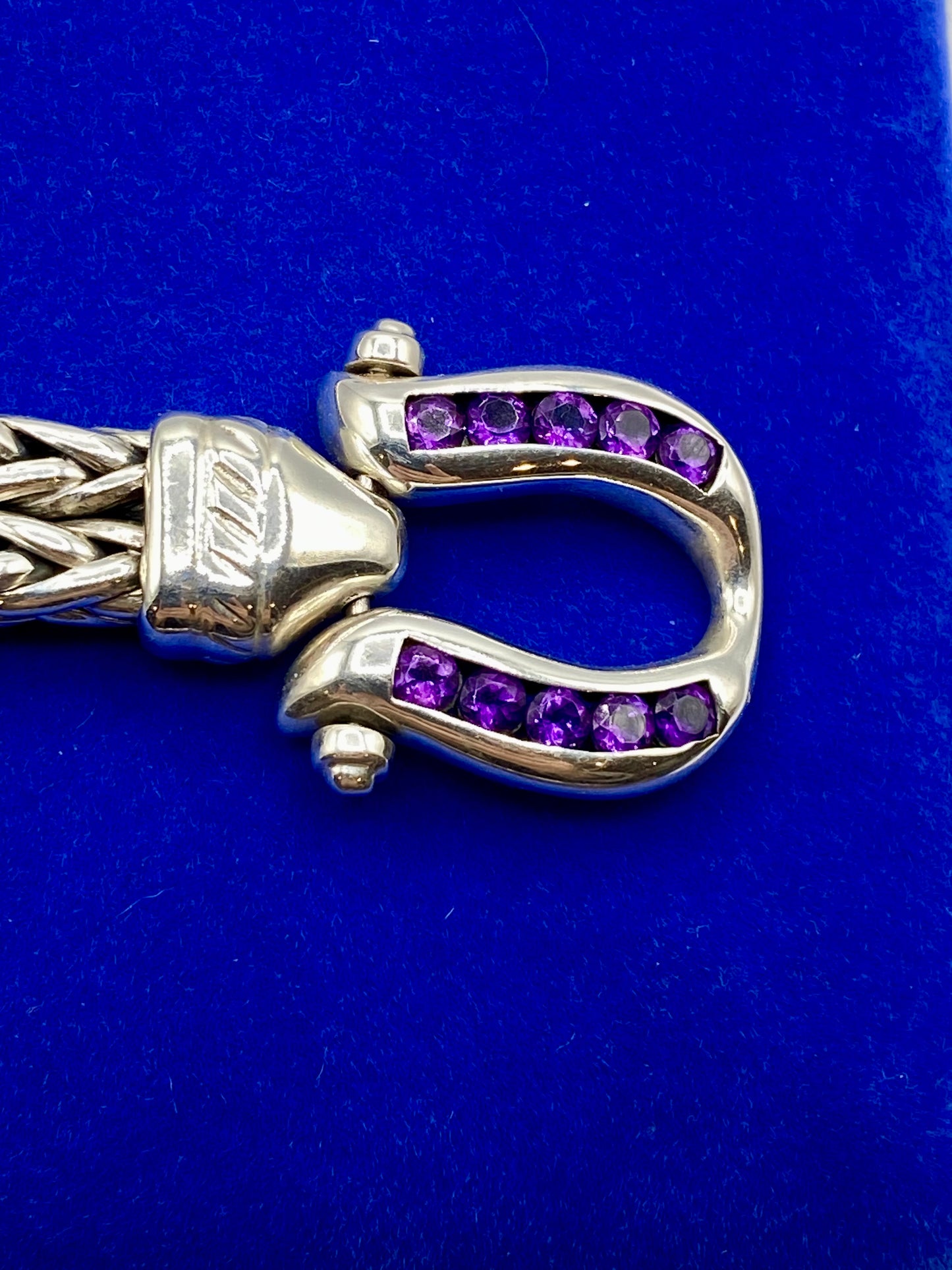 Heavy Sterling Silver Braided Chain Bracelet w/ Amethyst Clasp