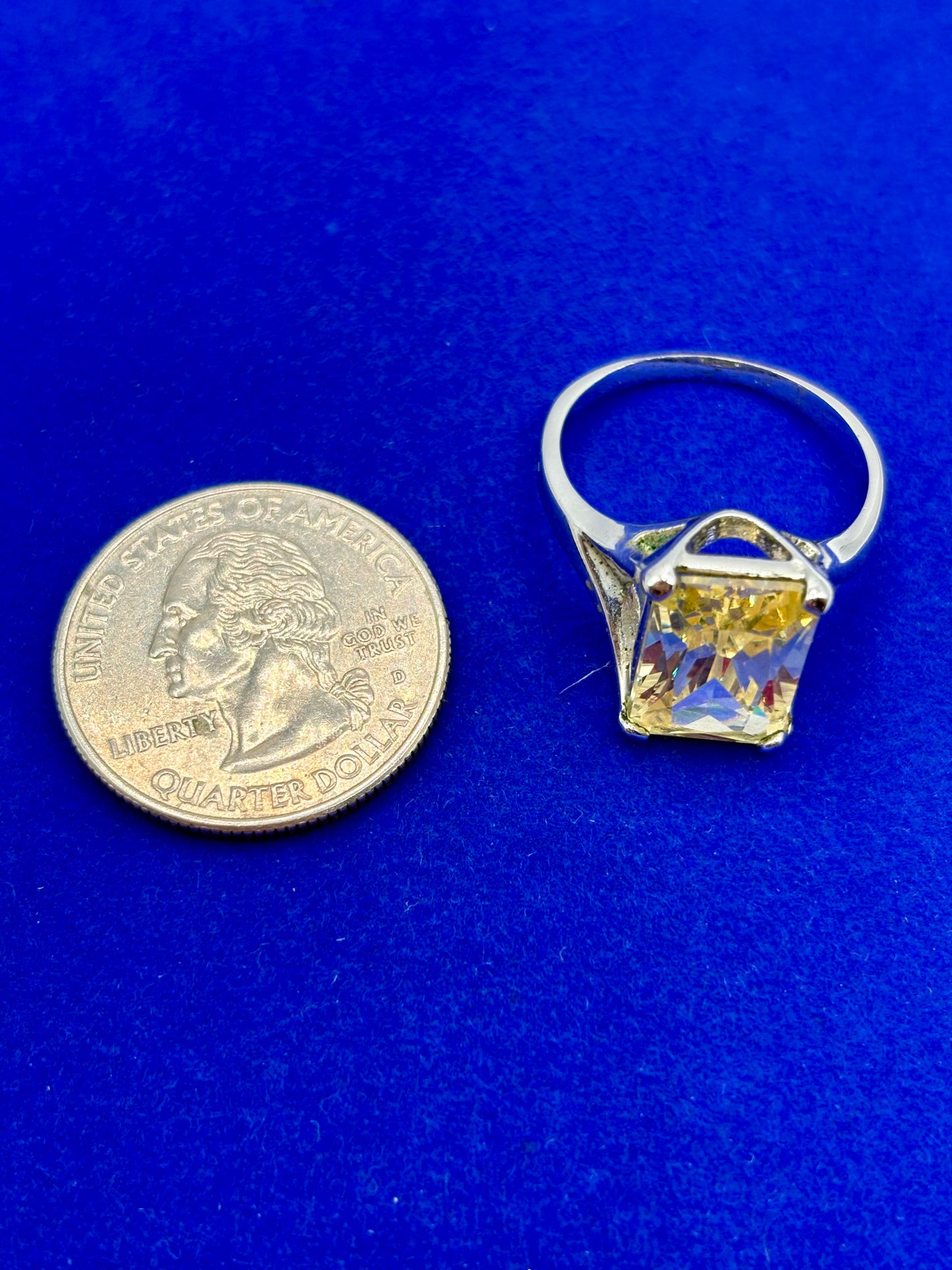 Pale Yellow Glass Silver Tone Costume Ring