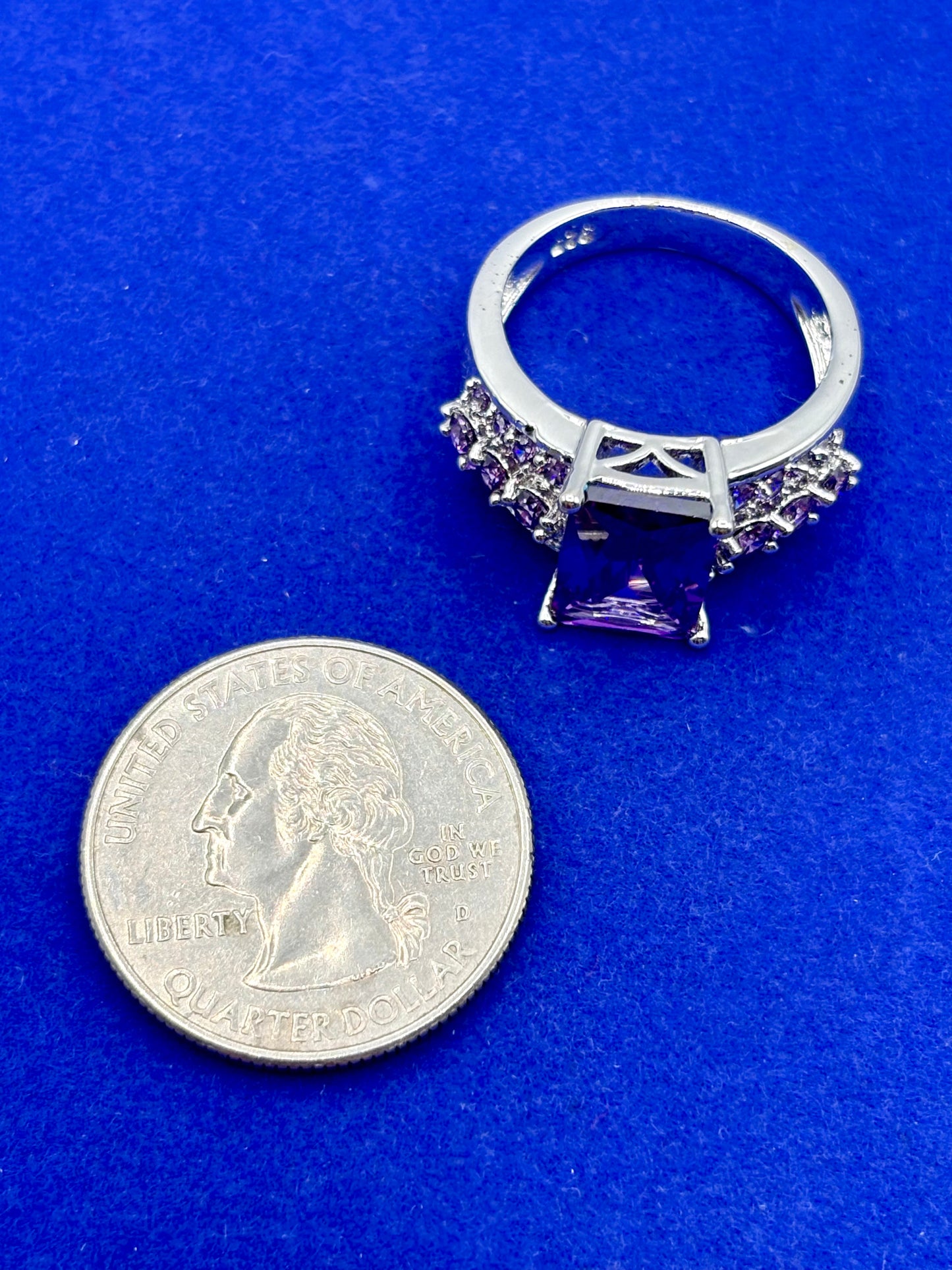 Deep Purple Glass Silver Tone Costume Ring