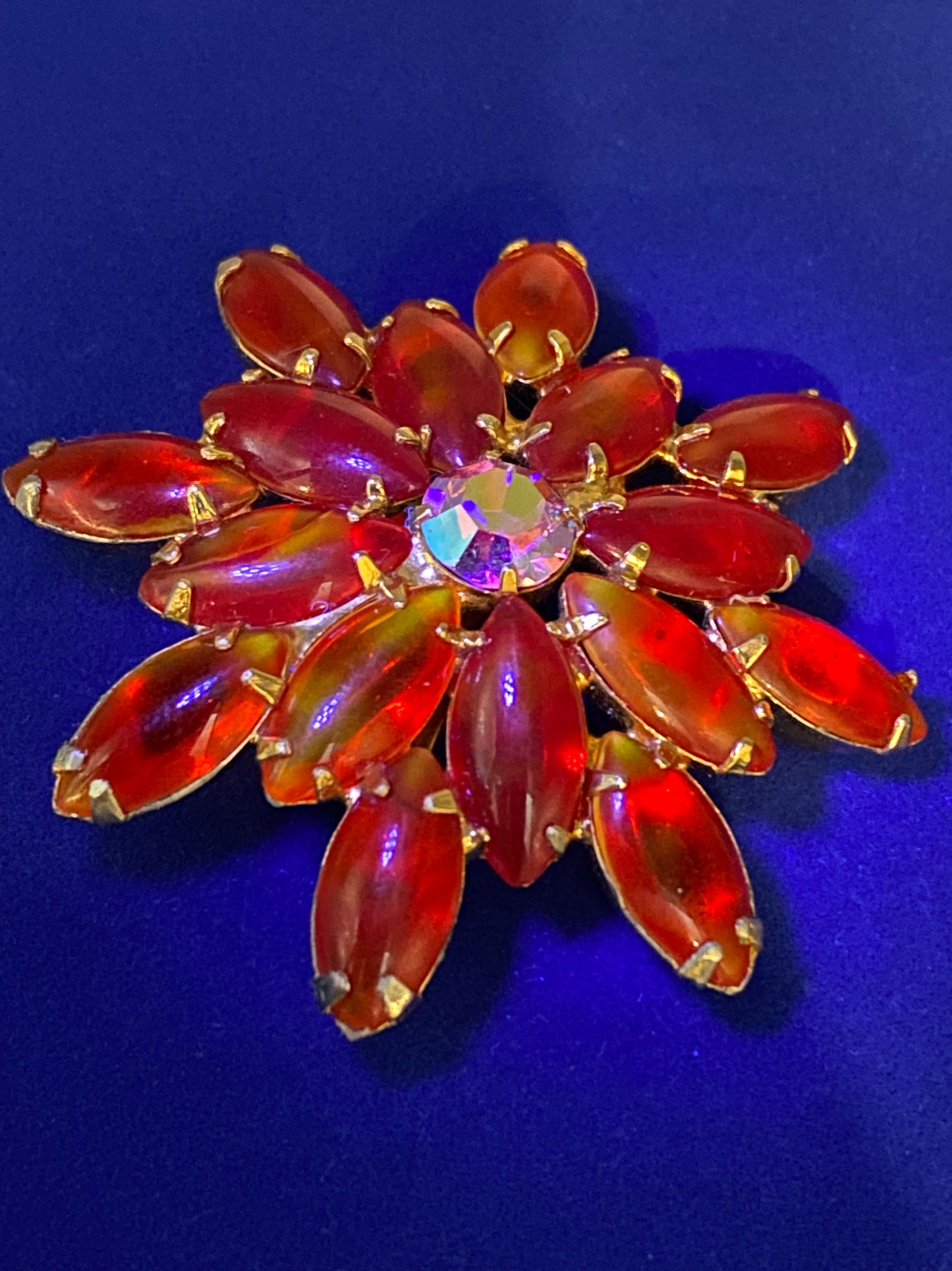 Red Rhinestone Glowing Floral Brooch