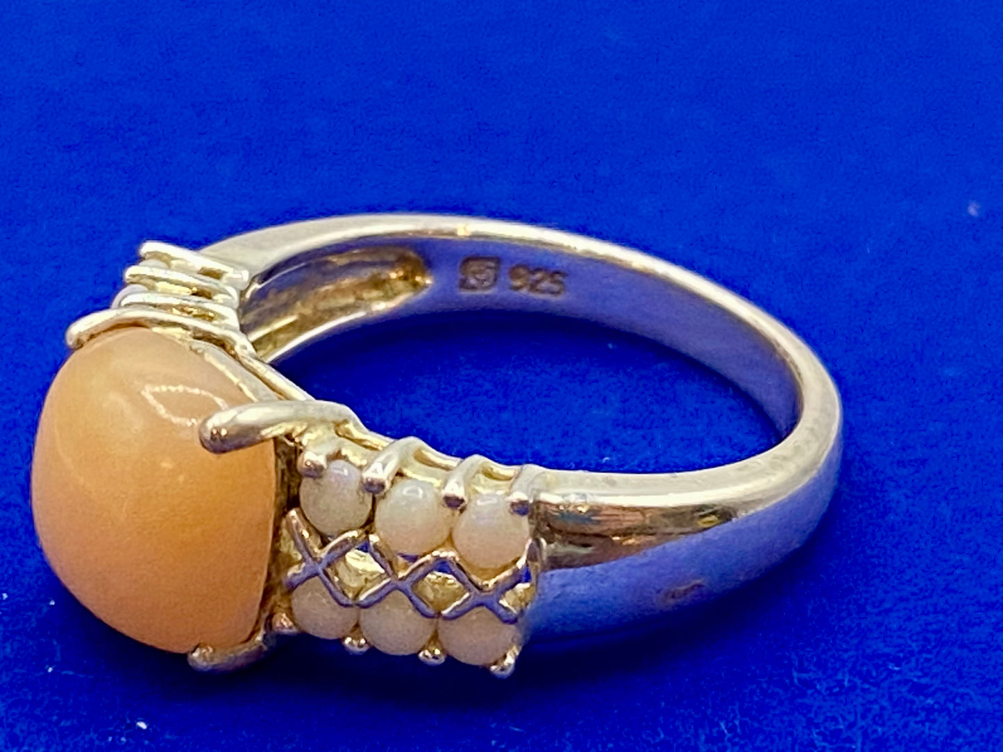 Sterling Silver Rhodium Flashed Square Cabochon Beige Stone Opal Accents Ring