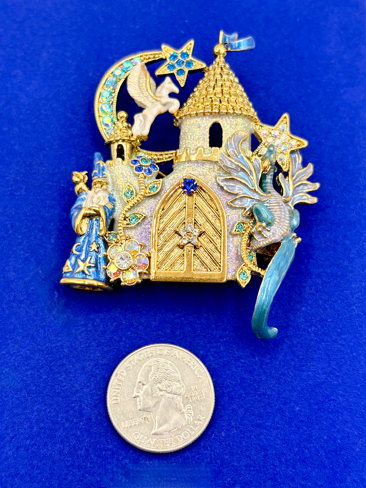 Vintage Kirks Folly Gold Tone Glitter Wizard Castle Brooch
