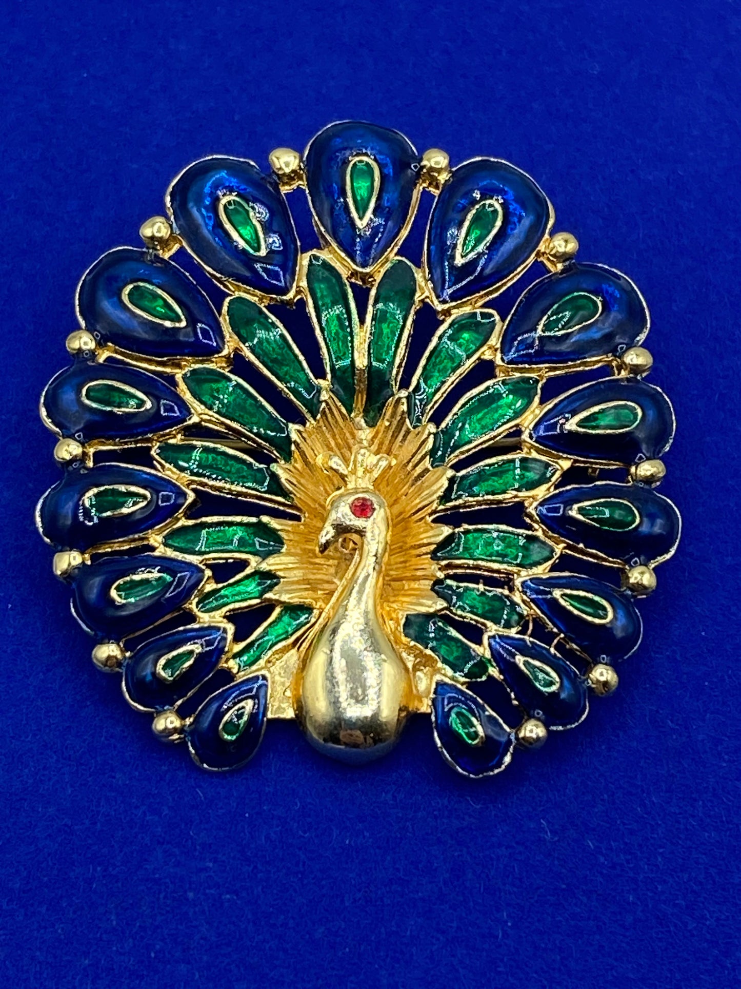 Vintage Blue & Green Enameled Peacock Brooch