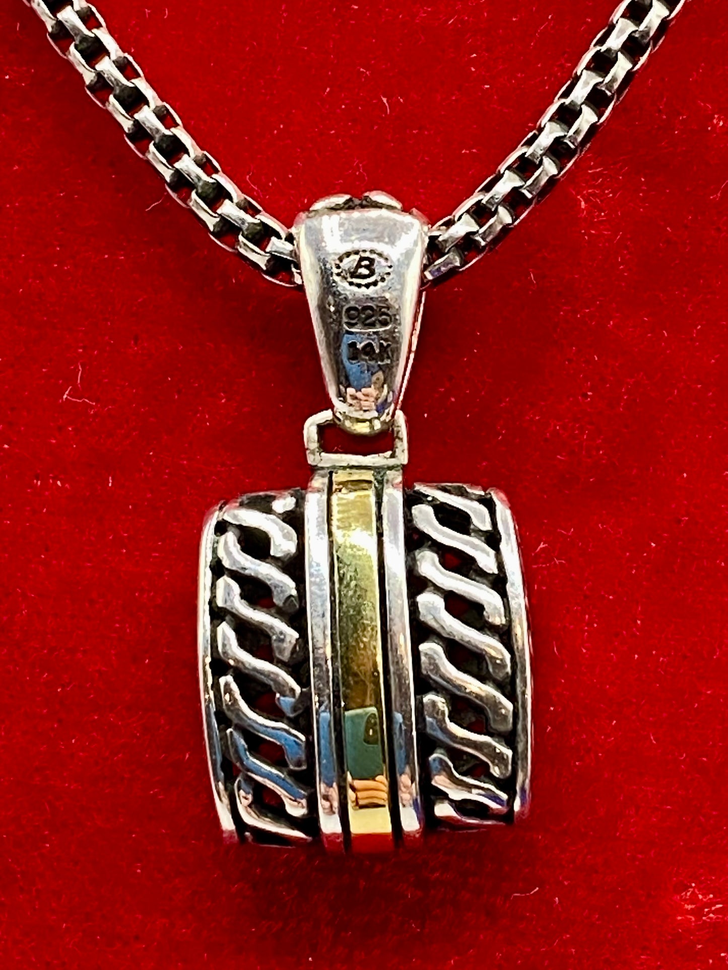 Sterling Silver & 14K Gold Ornate Rectangular Pendant Necklace