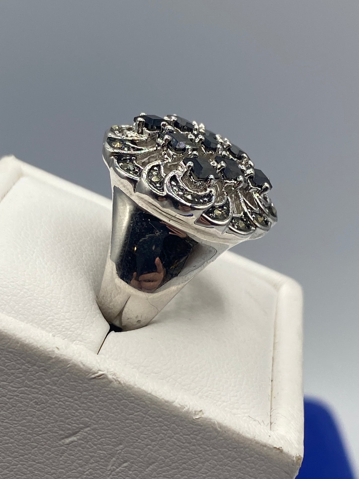 Black Rhinestone & Marcasite Silver Tone Ring
