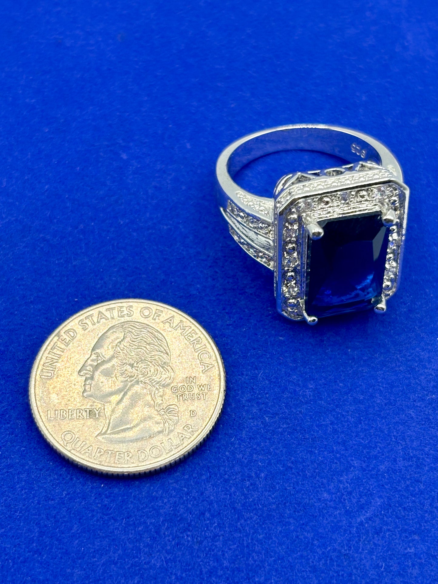 Silver Tone Dark Blue Glass & Rhinestone Ring