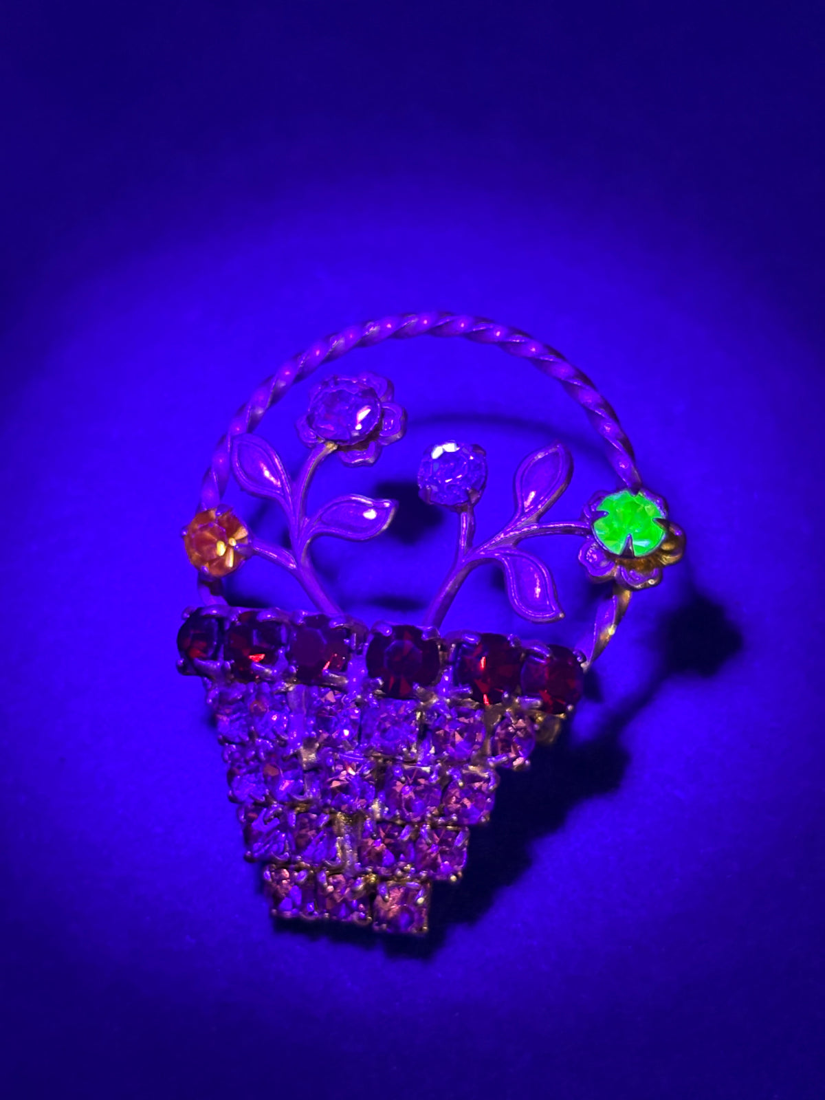 Vintage Rhinestone Flower Basket Brooch w/ Uranium Glass Stone