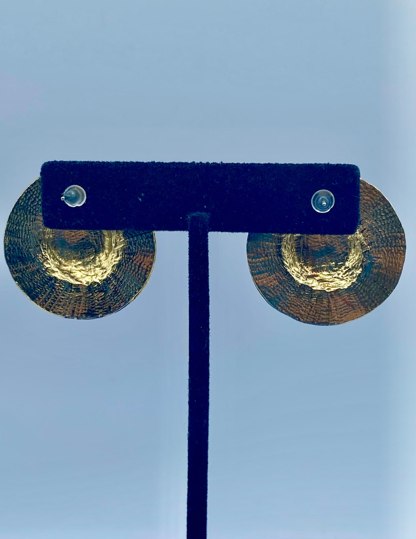 Gold Tone & Blue Glass Cabochon Earrings