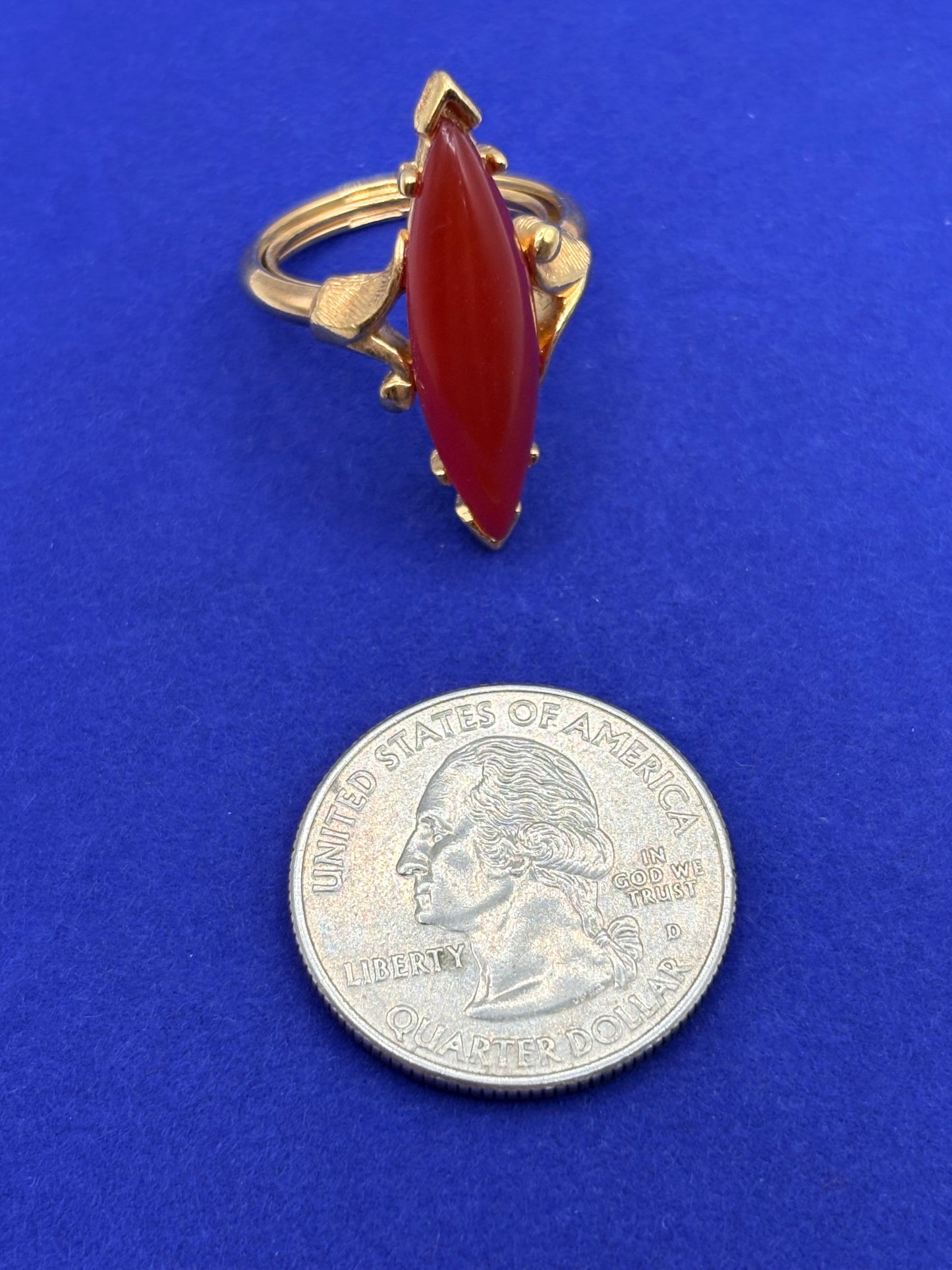 Vintage Avon Faux Carnelian Marquise Gold Tone Statement Ring
