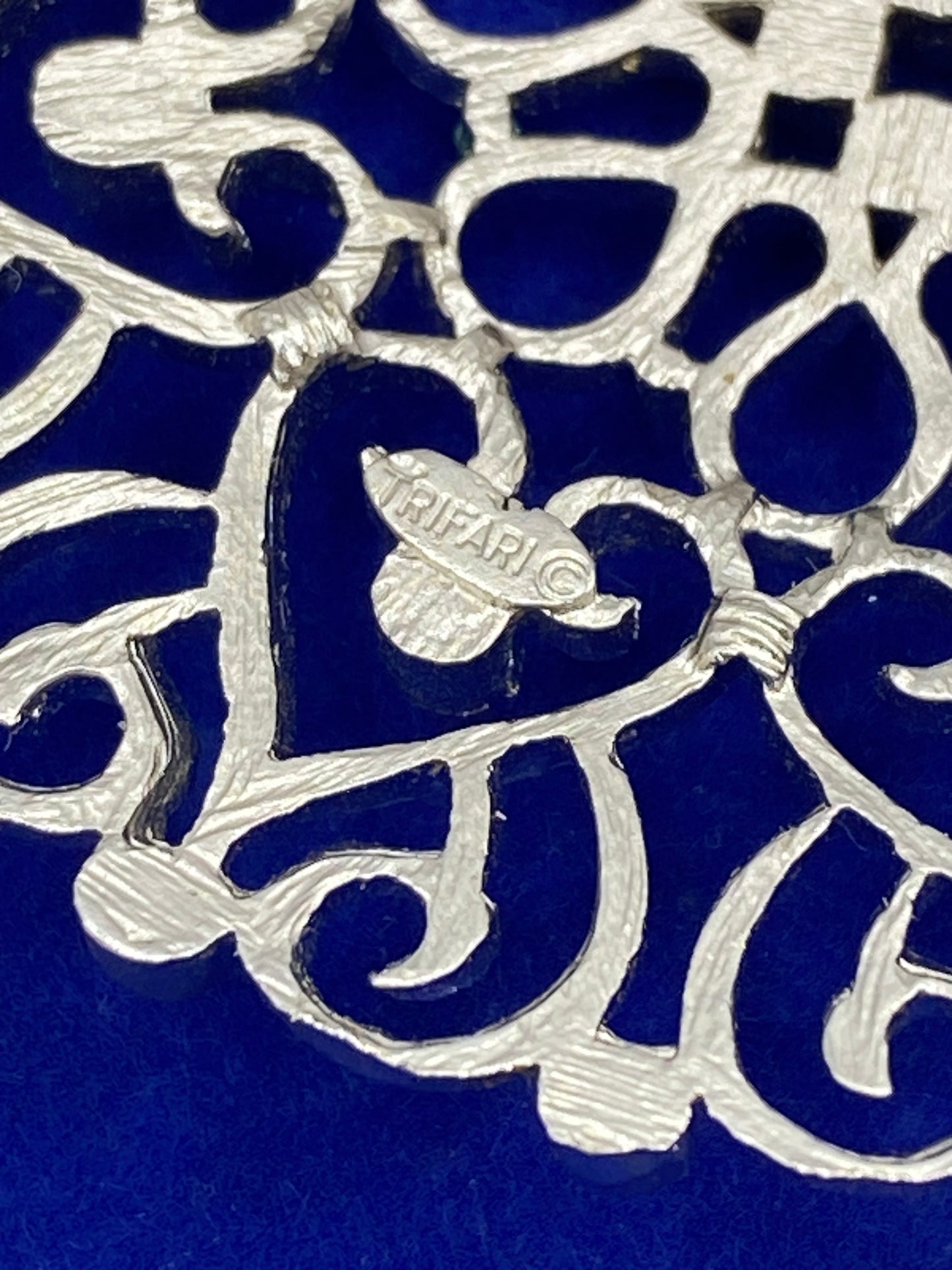 Silver Tone Crown Trifari Filigree Design Brooch