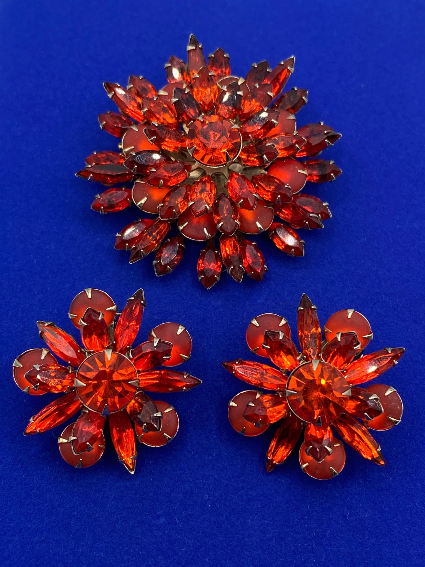 MCM Orange Rhinestone Floral Brooch Earrings Set