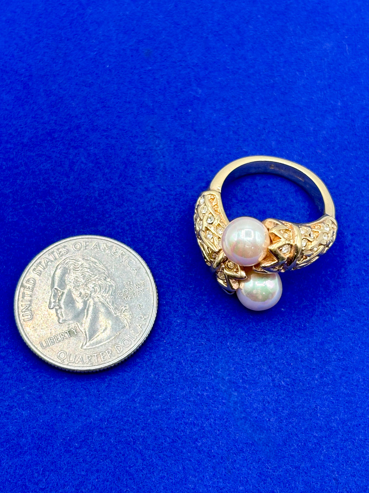 Nolan Miller Gold Tone Pearl & Rhinestone Cocktail Ring