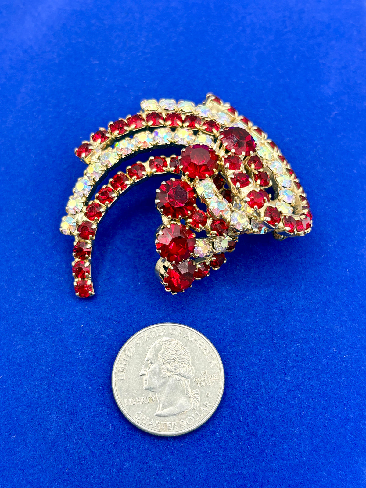 Vintage Layered Swirl Gold Tone Red & AB Rhinestone Brooch
