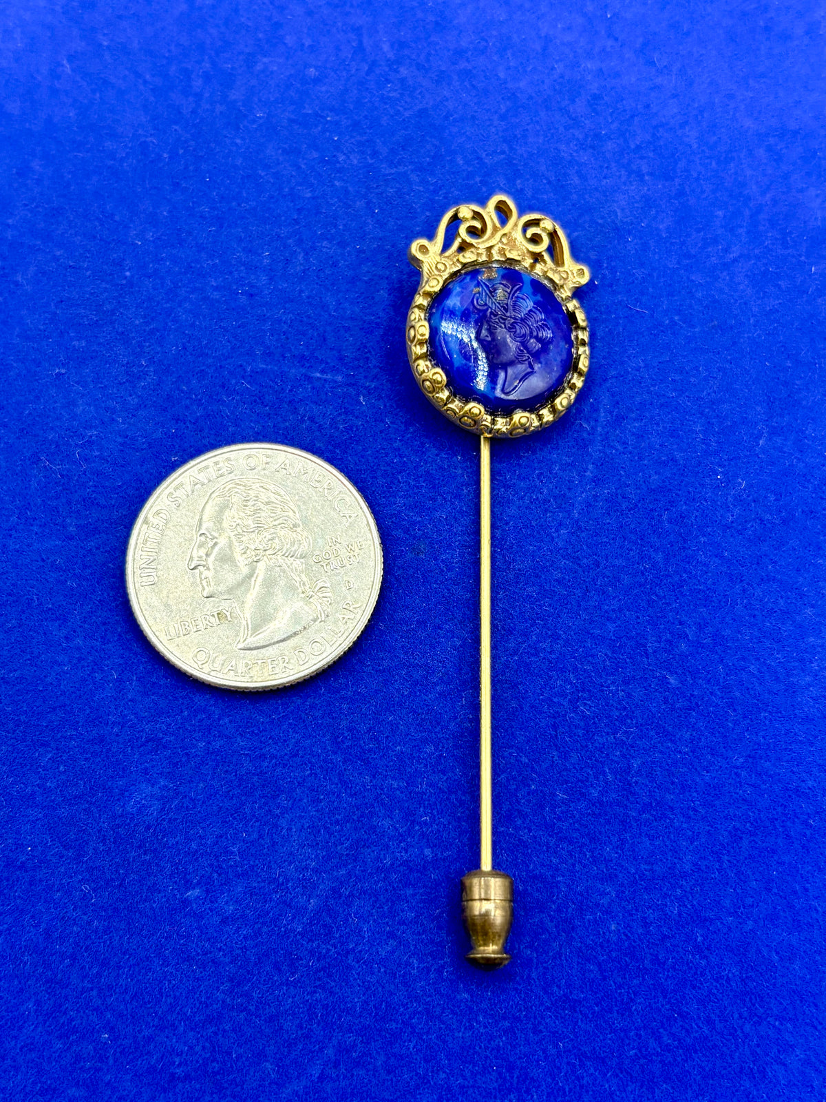 Vintage Gold Tone Blue Glass Intaglio Cameo Stick Pin