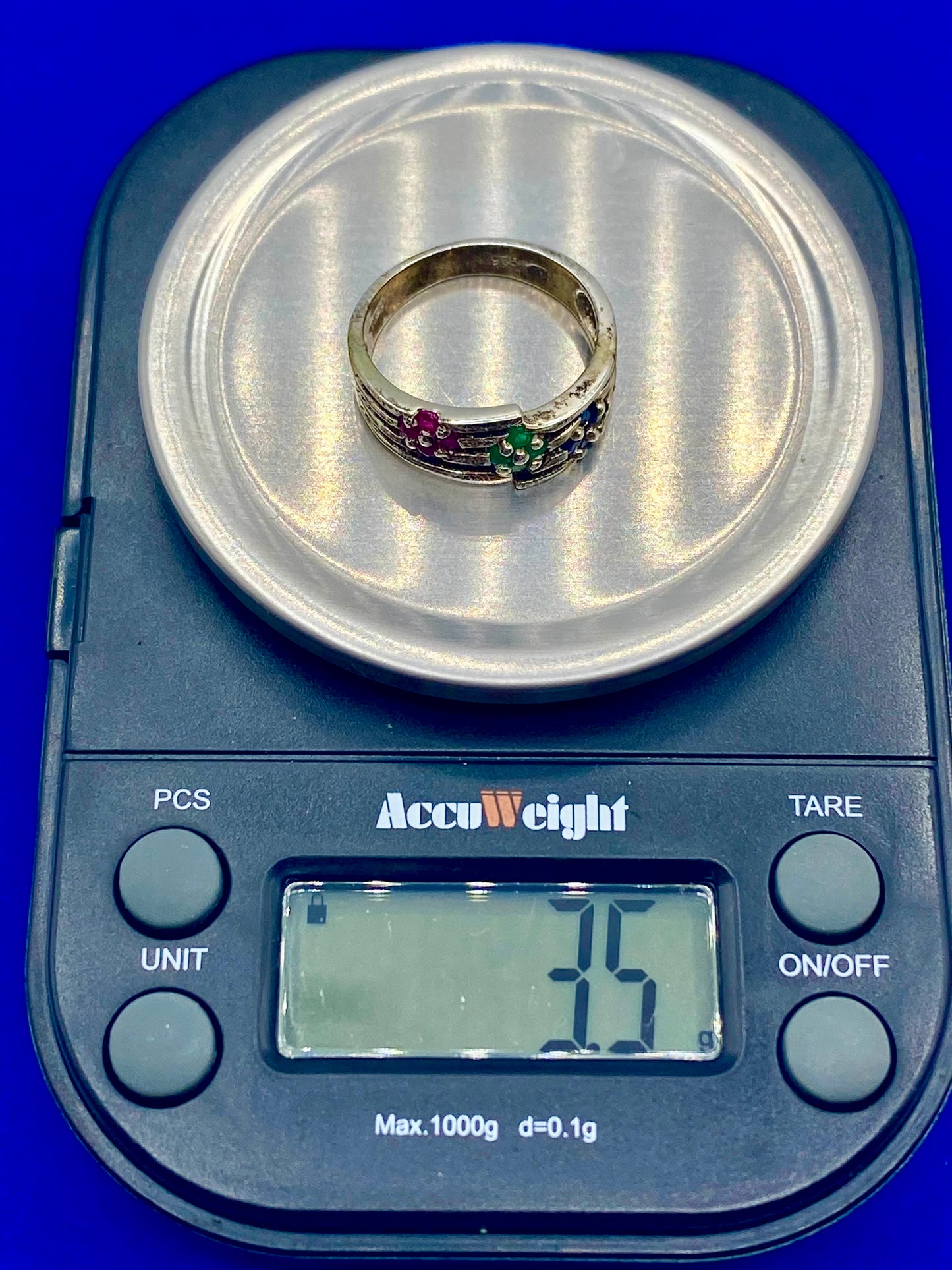 Sterling Silver Emerald Ruby & Sapphire Ring