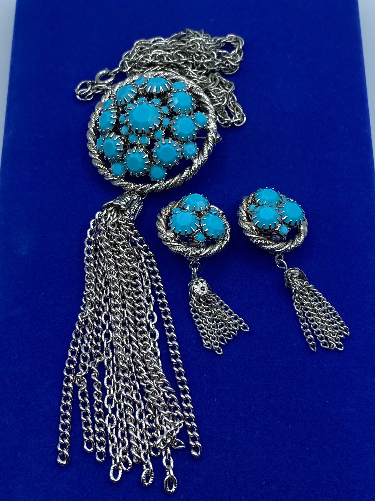 Vintage Turquoise Rhinestone Demi Parure Necklace & Earring Set