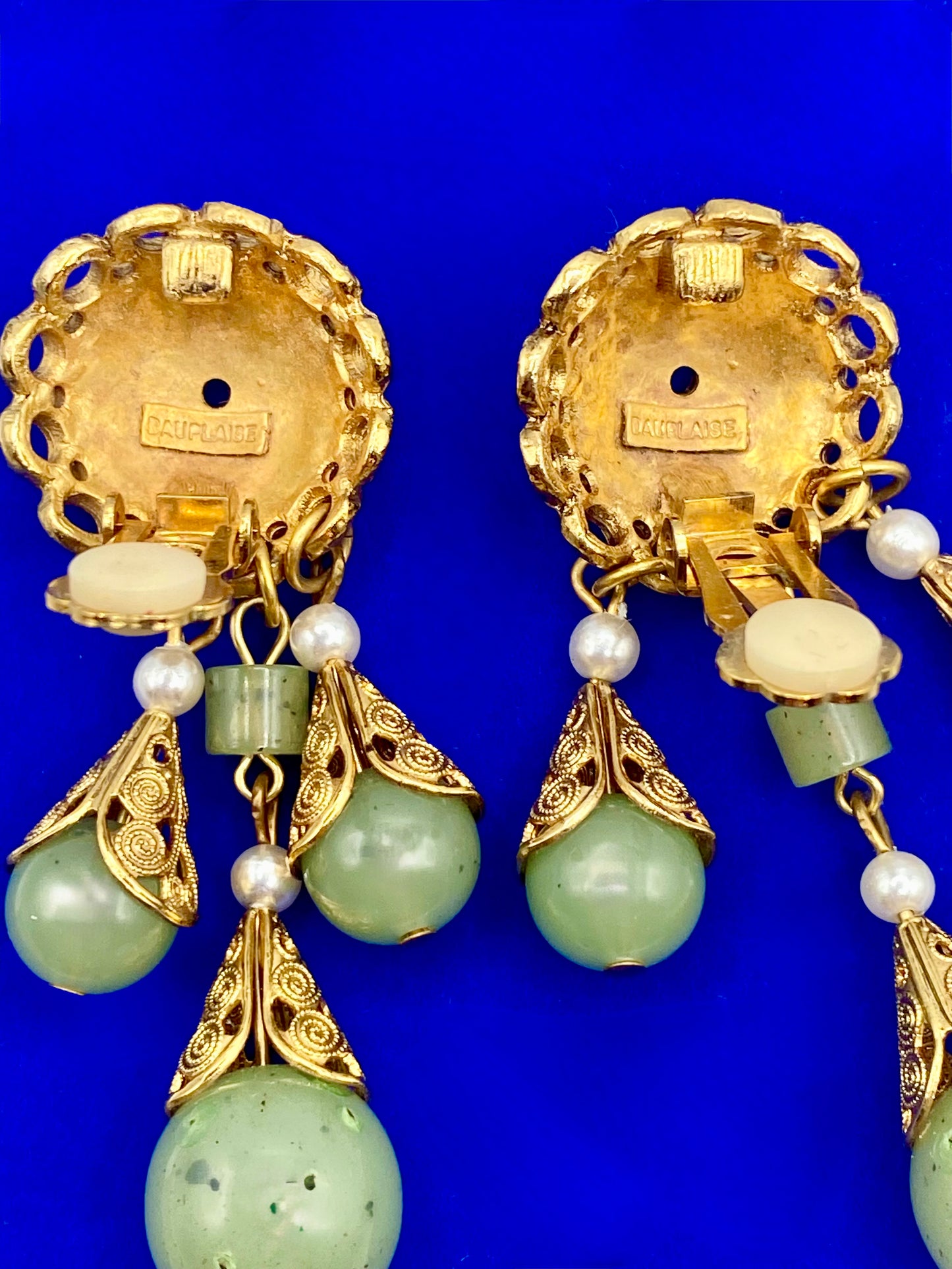 Vintage Duplaise Gold Tone & Green Stone Clip Ons