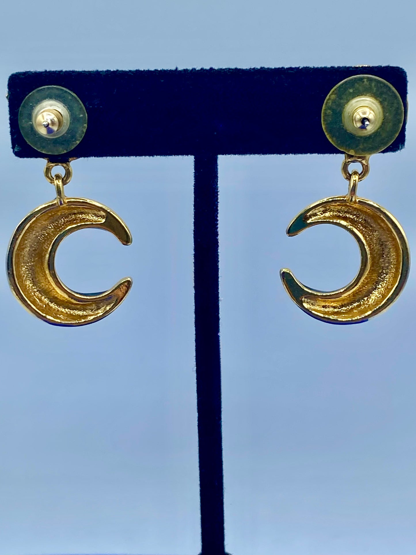 Gold Tone & Blue Enameled Crescent Moon Earrings