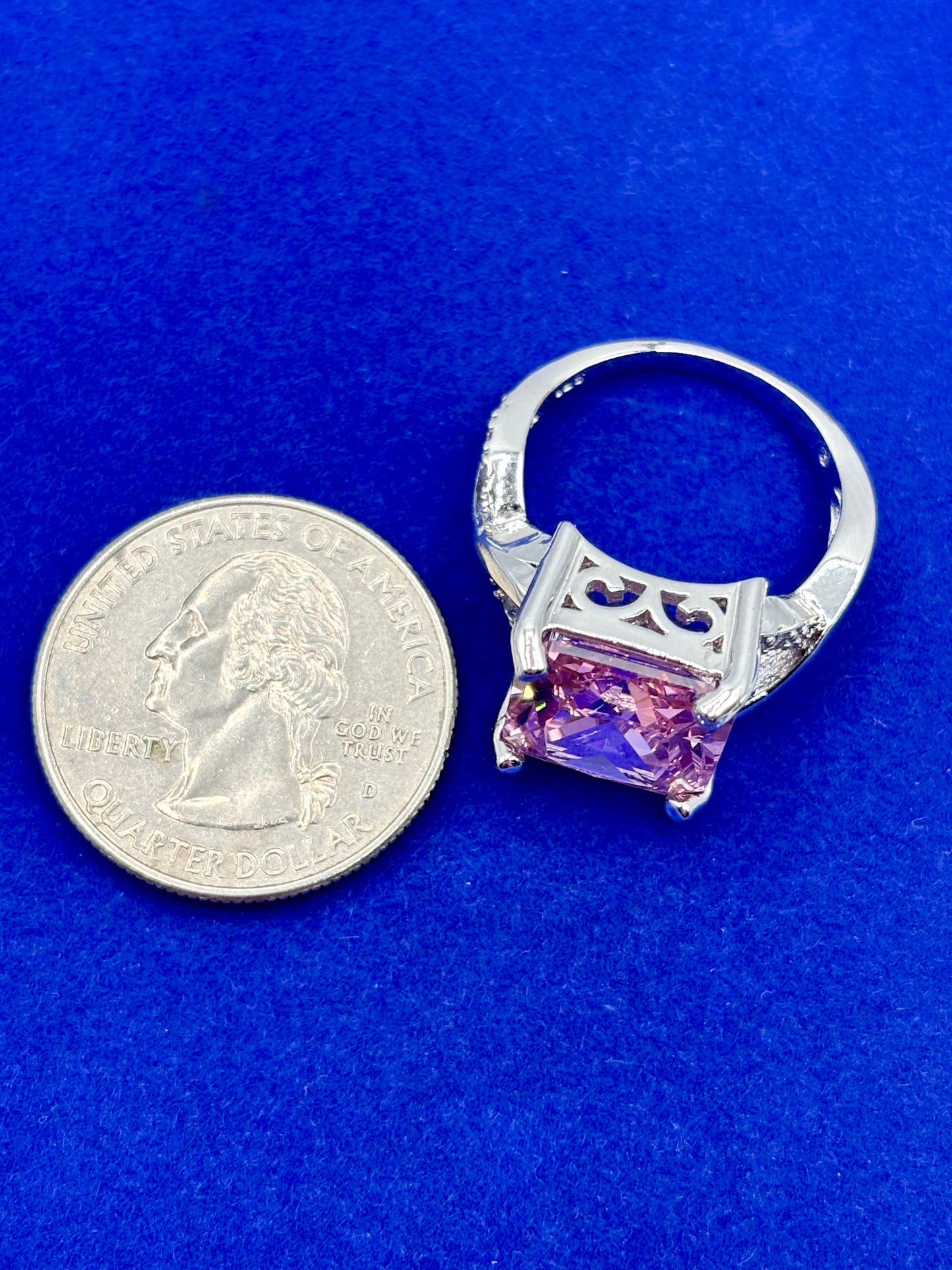 Pink & Clear Glass Silver Tone Costume Ring