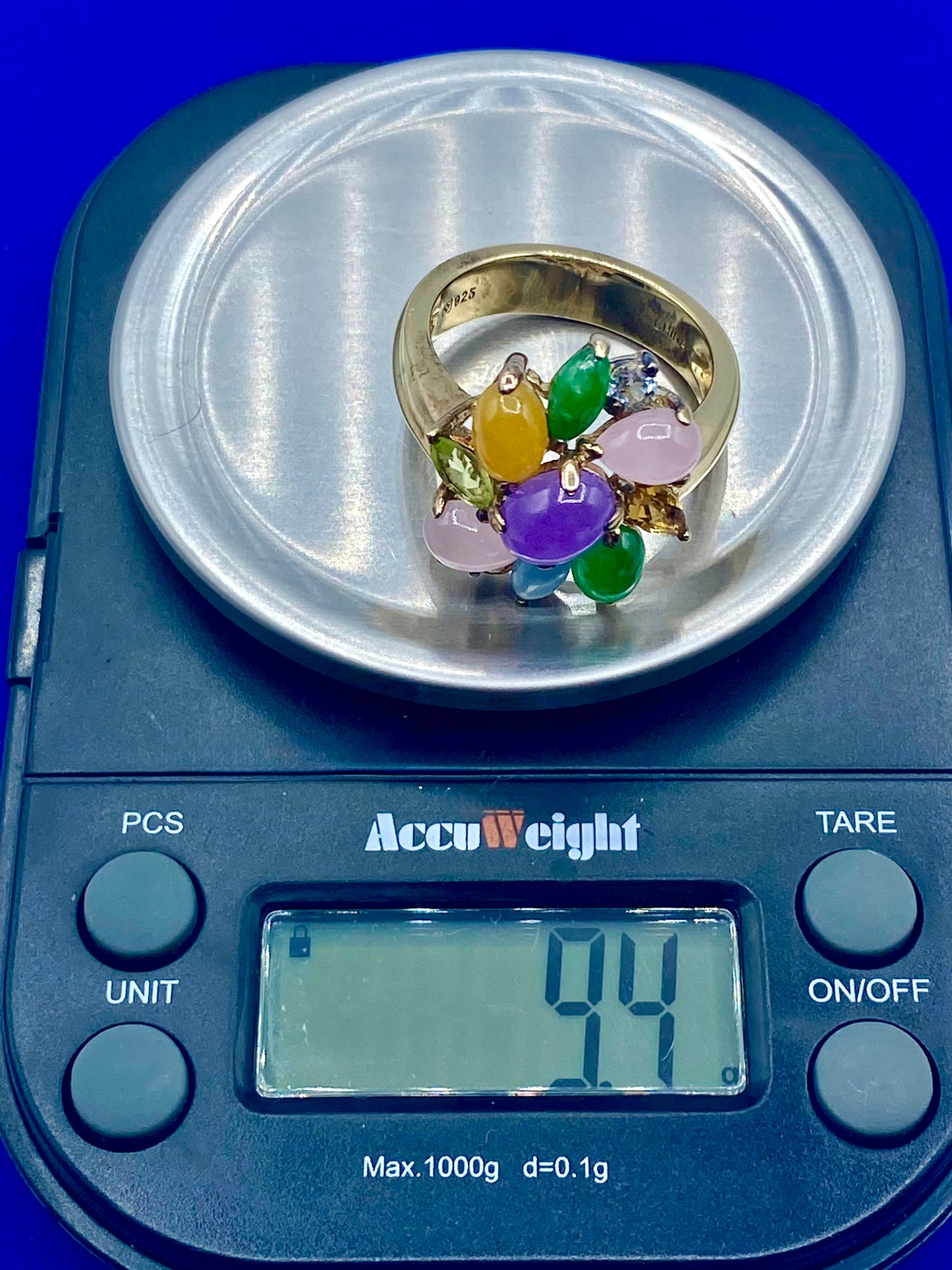 Sterling Silver Vermeil Multi Color Jade & Gemstone Ring