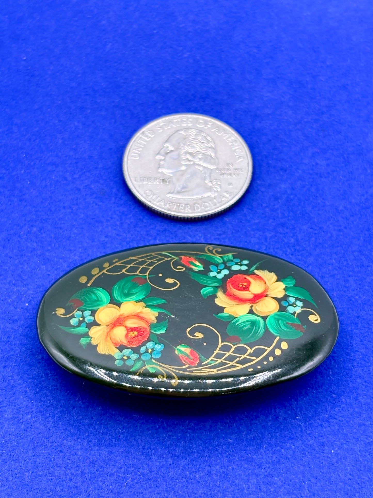 Vintage Hand Painted Floral Russian Lacquer Brooch