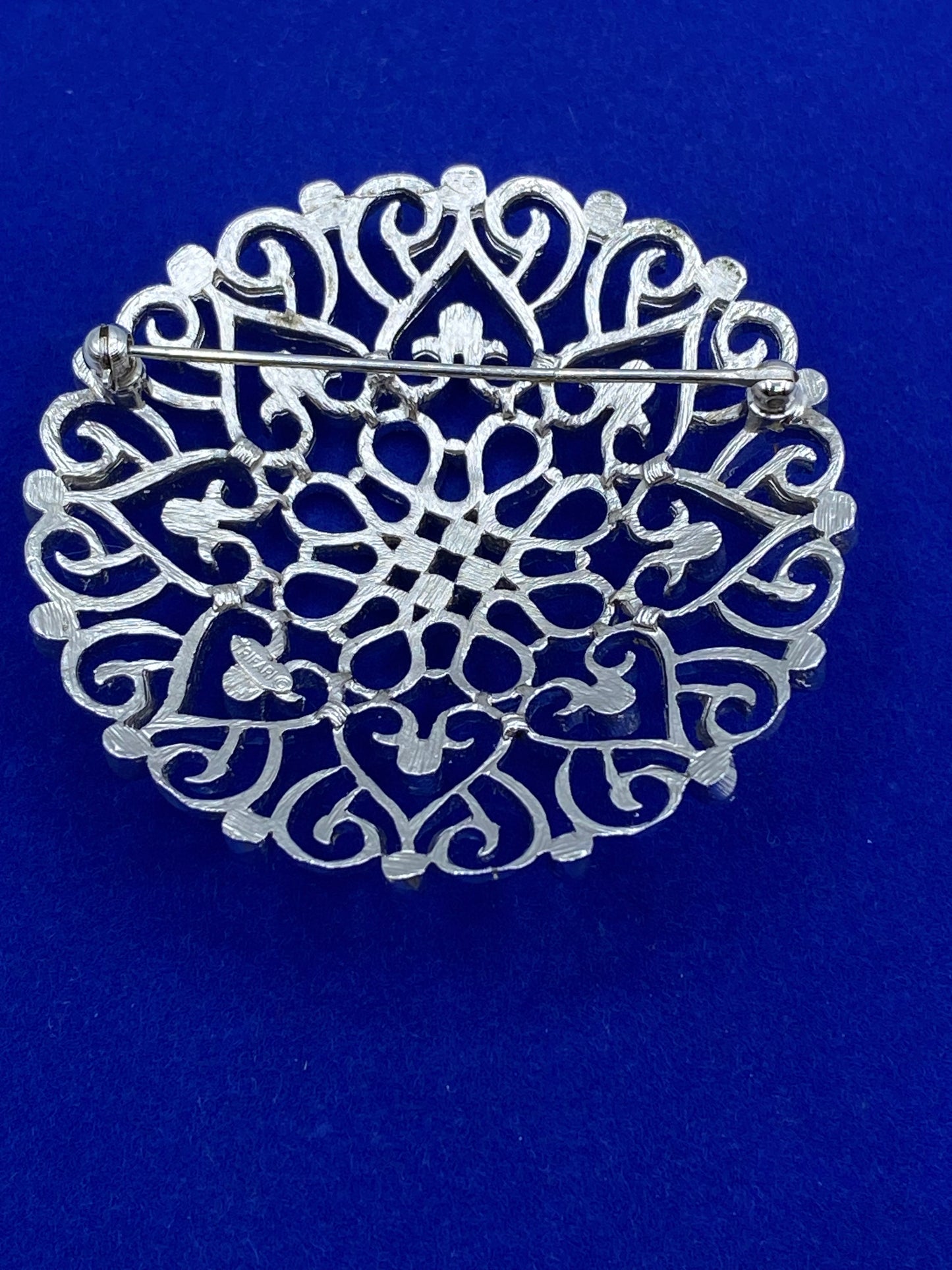 Silver Tone Crown Trifari Filigree Design Brooch
