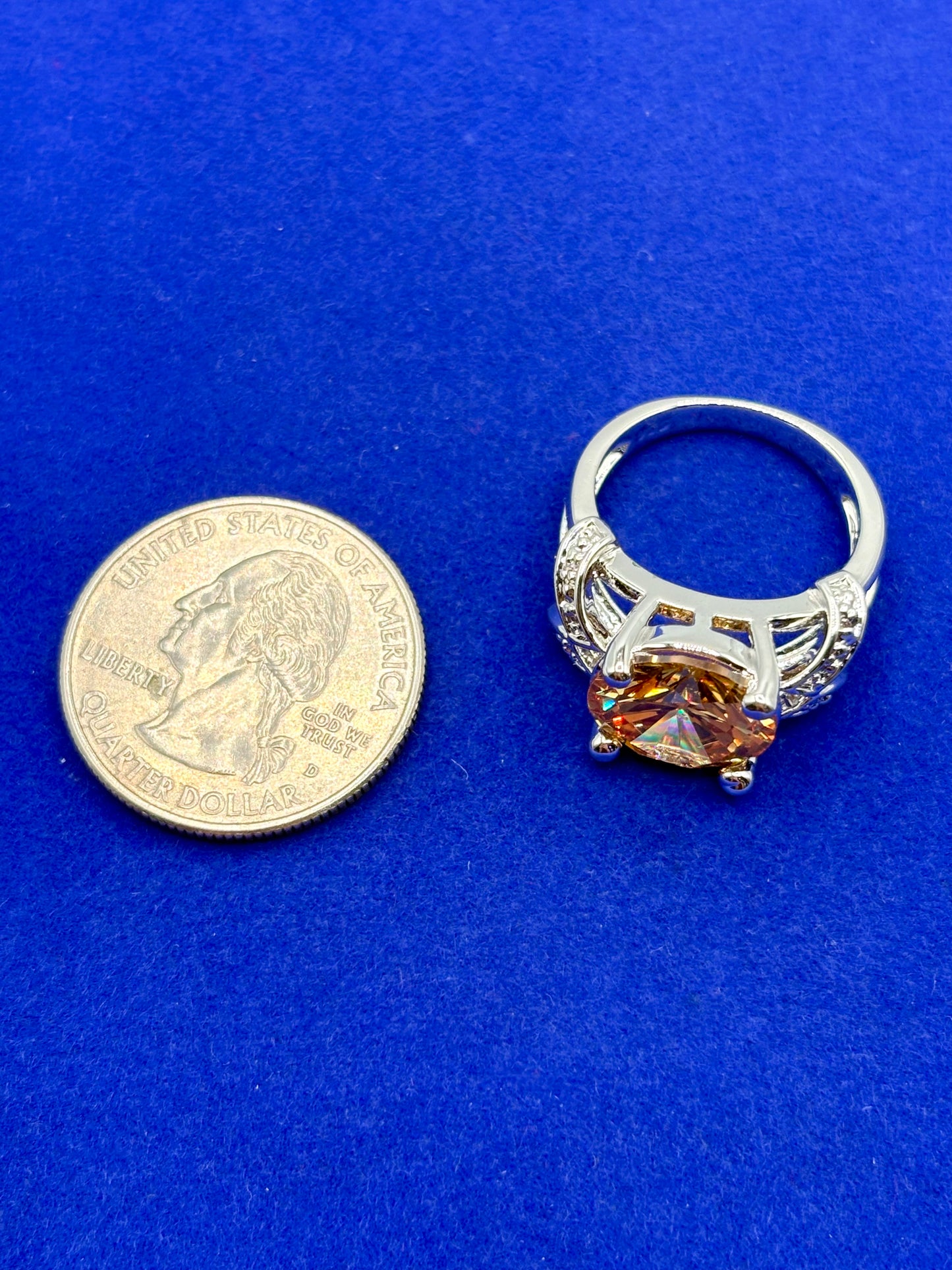 Orange Glass Silver Tone Costume Ring